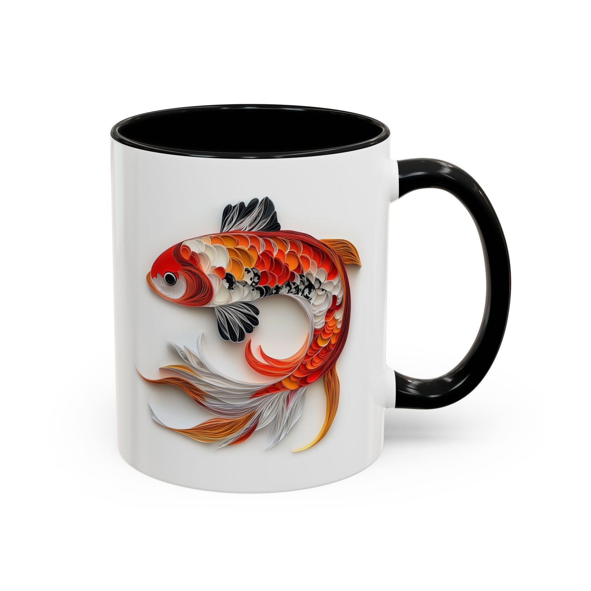 Koi Fish, Paper Quilling Mug - Available in a variety of vibrant accent colors, and in 15oz and 11oz sizes. Dishwasher and microwave safe.