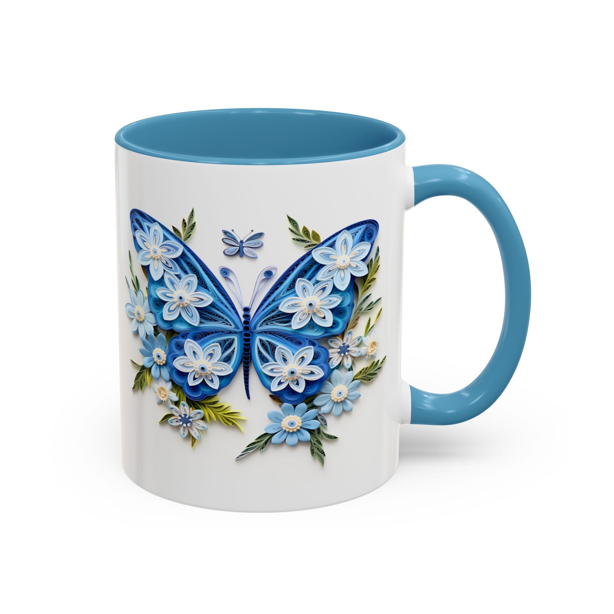 Blue Butterfly, Paper Quilling Mug - Available in a variety of vibrant accent colors, and in 15oz and 11oz sizes. Dishwasher and microwave safe.