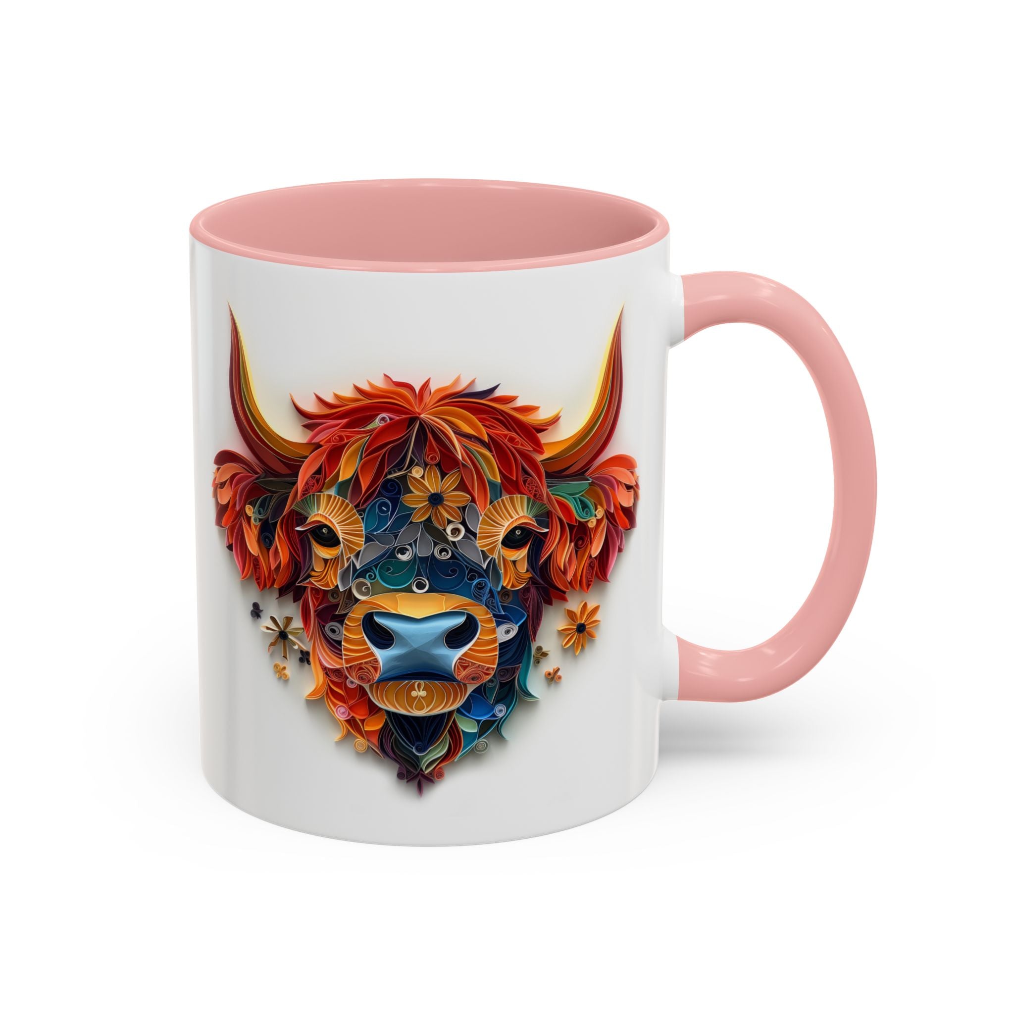 Highland Cow, Paper Quilling Mug - Available in a variety of vibrant accent colors, and in 15oz and 11oz sizes. Dishwasher and microwave safe.