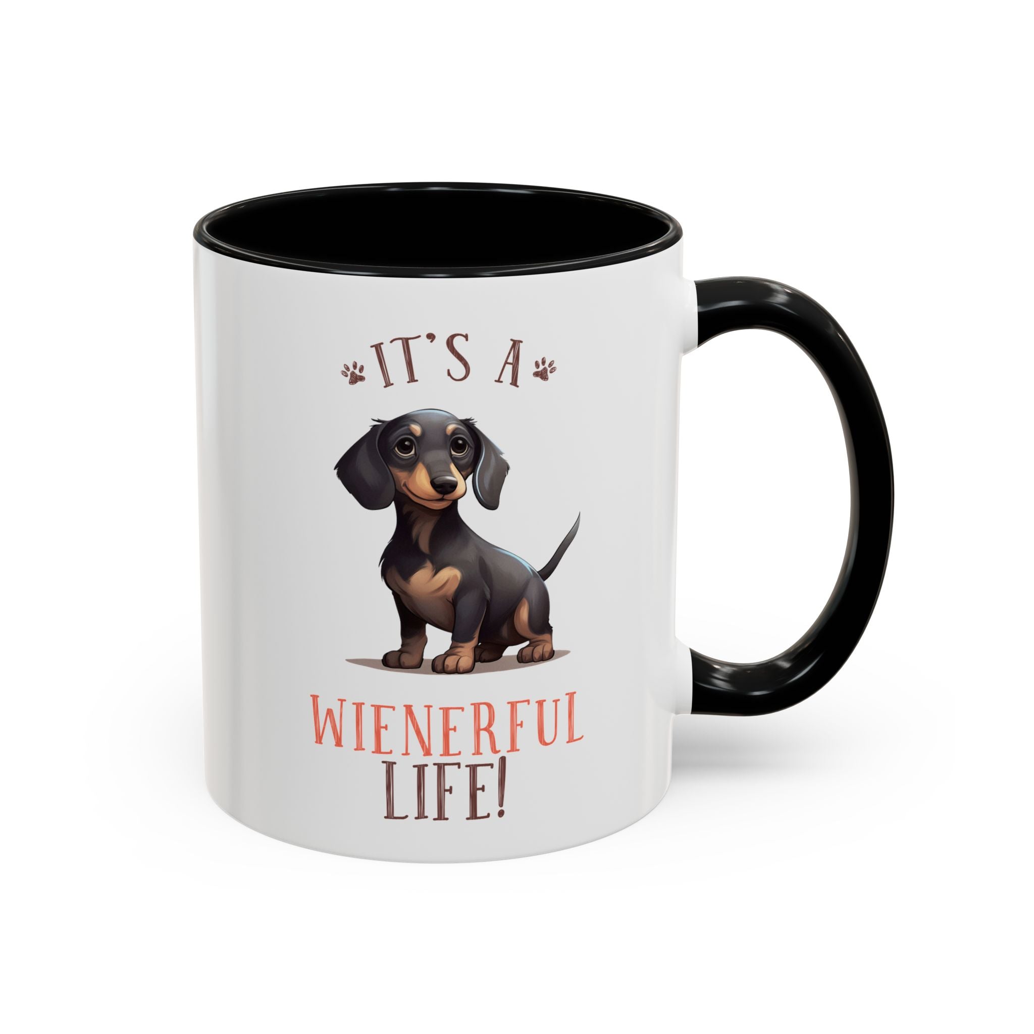 It's a Weinerful Life, Funny Dachshund Dog Mug - Available in a variety of vibrant accent colors, and in 15oz and 11oz sizes. Dishwasher and microwave safe.