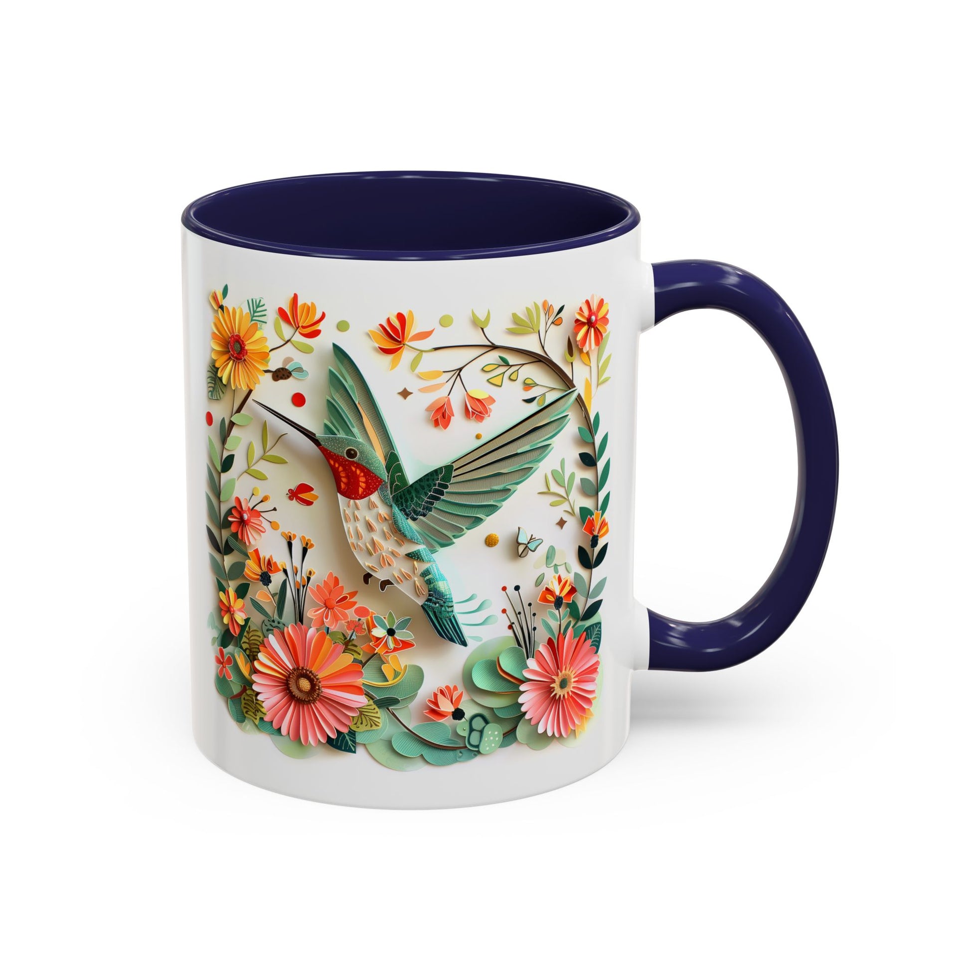 Hummingbird in Flight, Paper Quilling Mug - Available in a variety of vibrant accent colors, and in 15oz and 11oz sizes. Dishwasher and microwave safe.