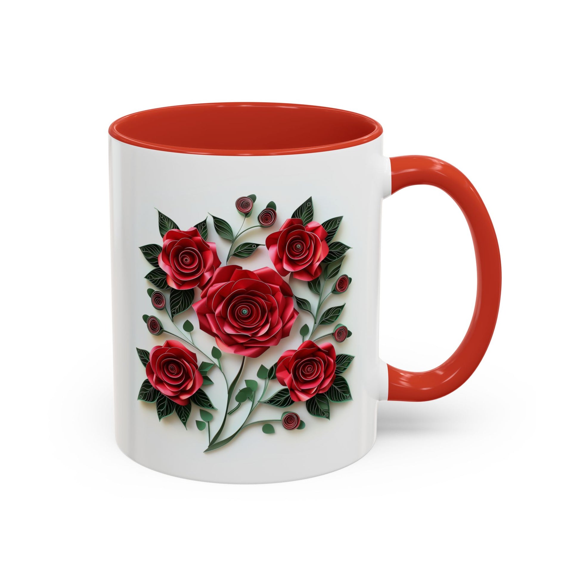 Red Roses, Paper Quilling Mug - Available in a variety of vibrant accent colors, and in 15oz and 11oz sizes. Dishwasher and microwave safe.