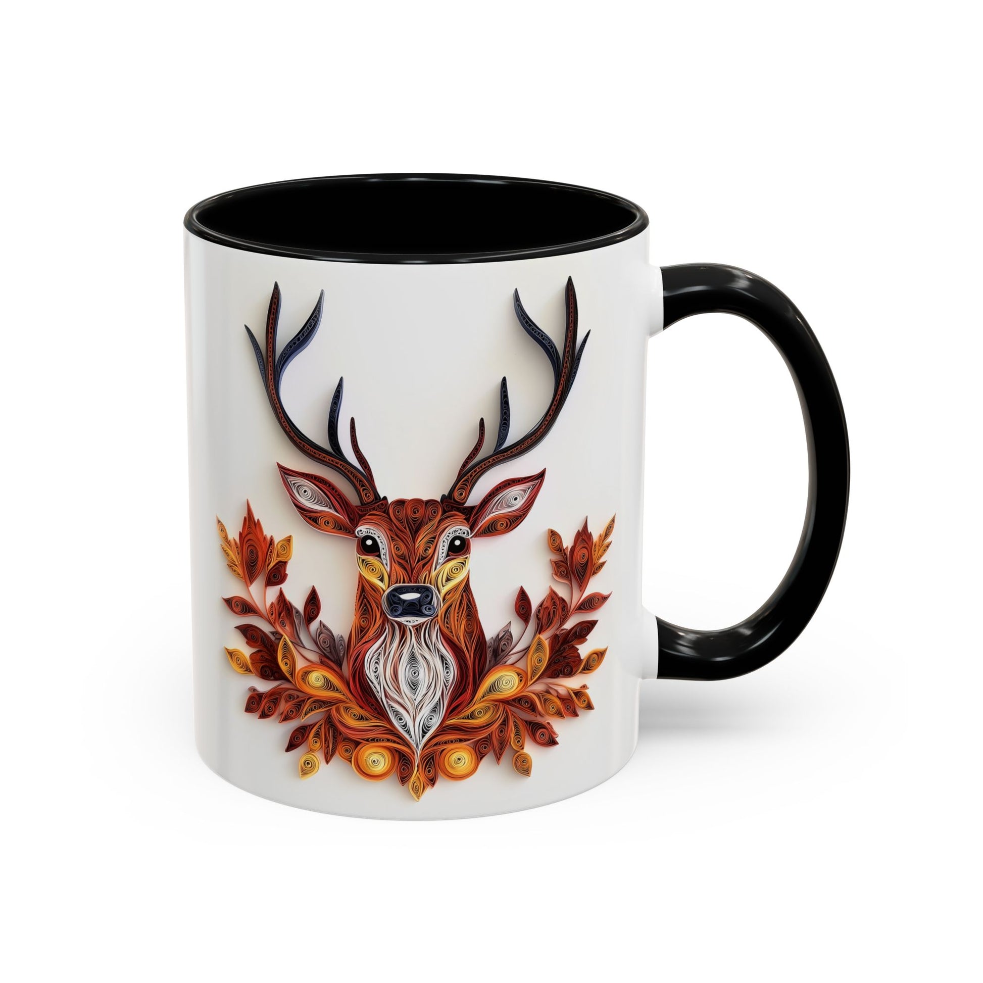 Deer with Fall Leaves, Paper Quilling Mug - Available in a variety of vibrant accent colors, and in 15oz and 11oz sizes. Dishwasher and microwave safe.
