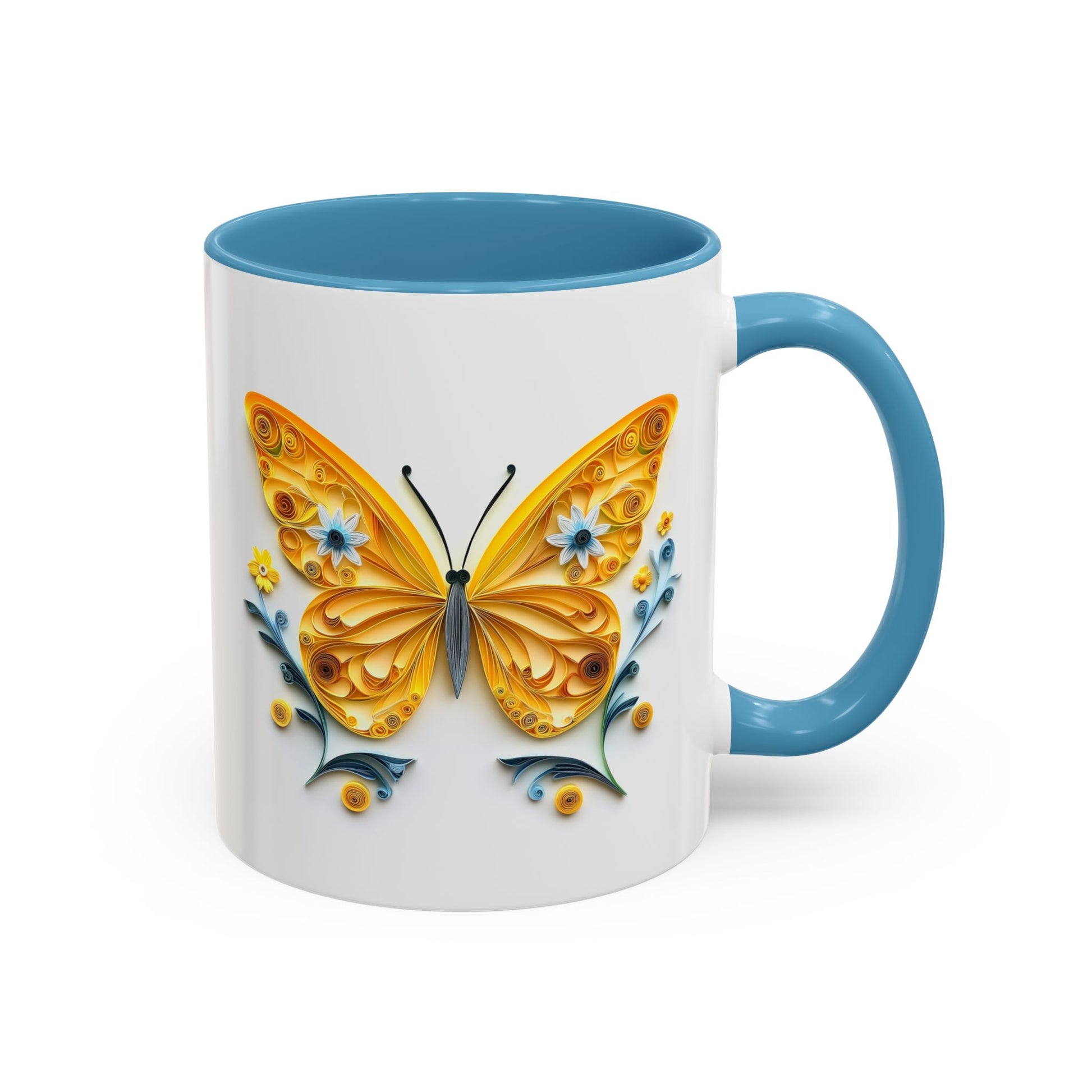 Yellow Butterfly, Paper Quilling Mug - Available in a variety of vibrant accent colors, and in 15oz and 11oz sizes. Dishwasher and microwave safe.