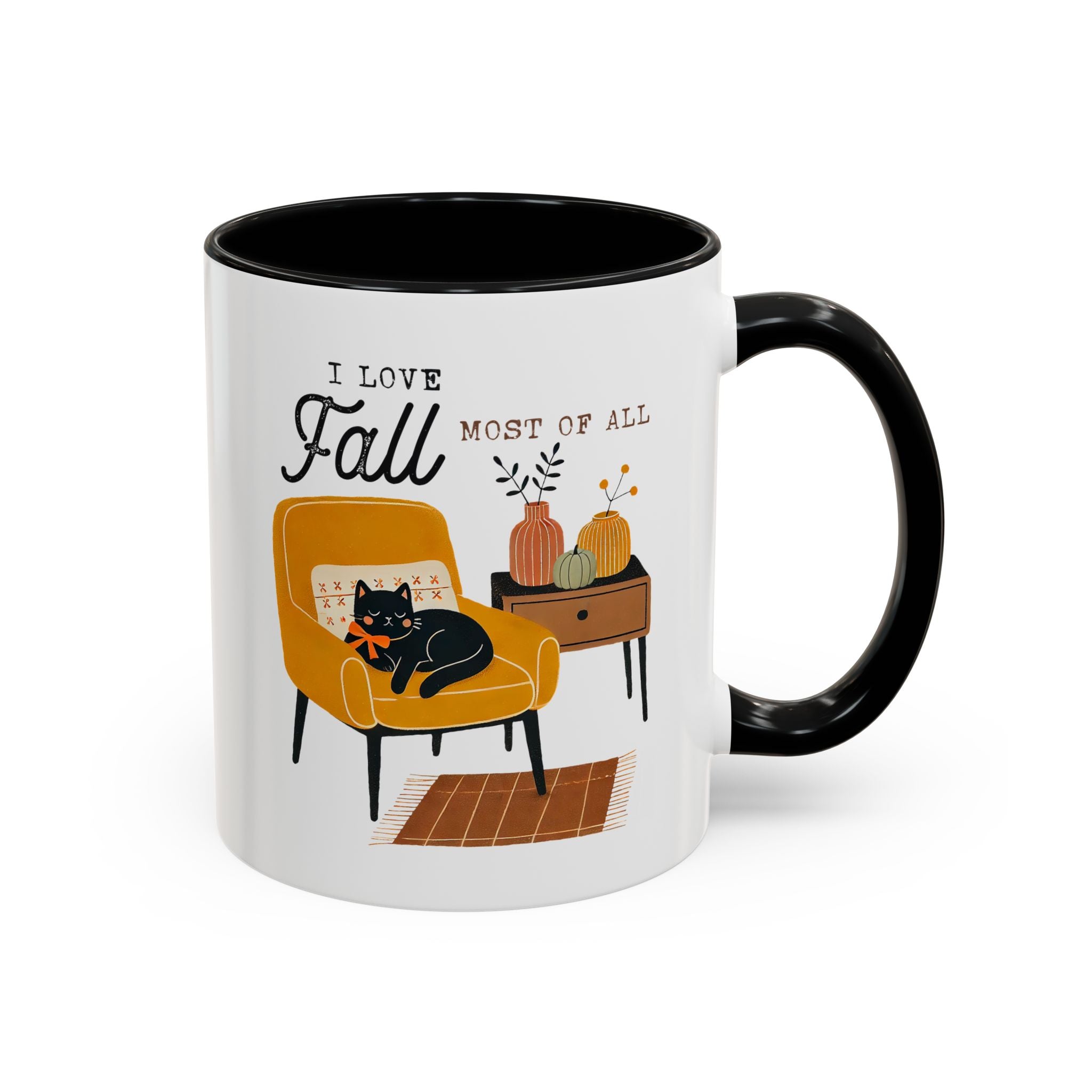I Love Fall Most of All, Cozy Cat Mug - Available in a variety of vibrant accent colors, and in 15oz and 11oz sizes. Dishwasher and microwave safe.