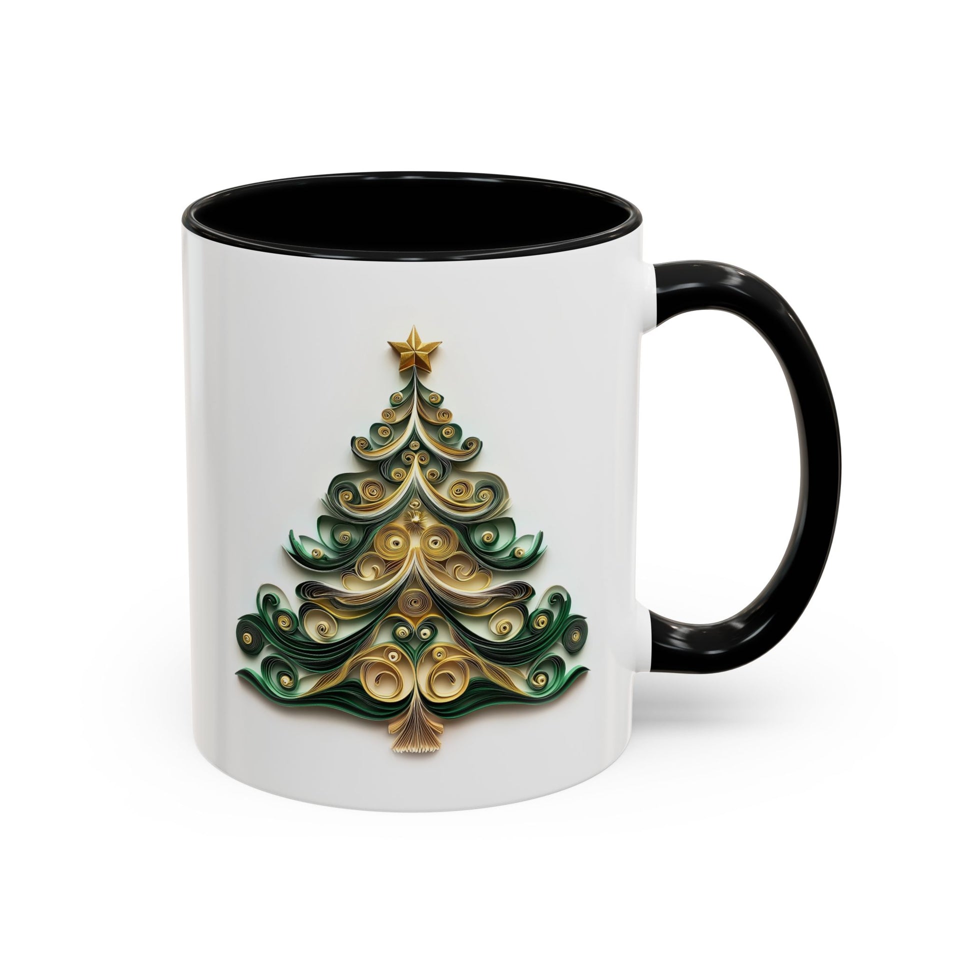 Christmas Tree, Green and Gold, Paper Quilling Mug - Available in a variety of vibrant accent colors, and in 15oz and 11oz sizes. Dishwasher and microwave safe.