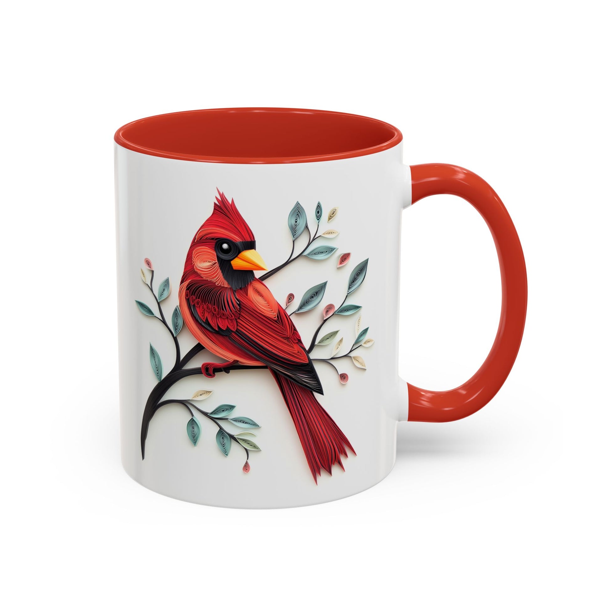 Cardinal, Paper Quilling Mug - Available in a variety of vibrant accent colors, and in 15oz and 11oz sizes. Dishwasher and microwave safe.