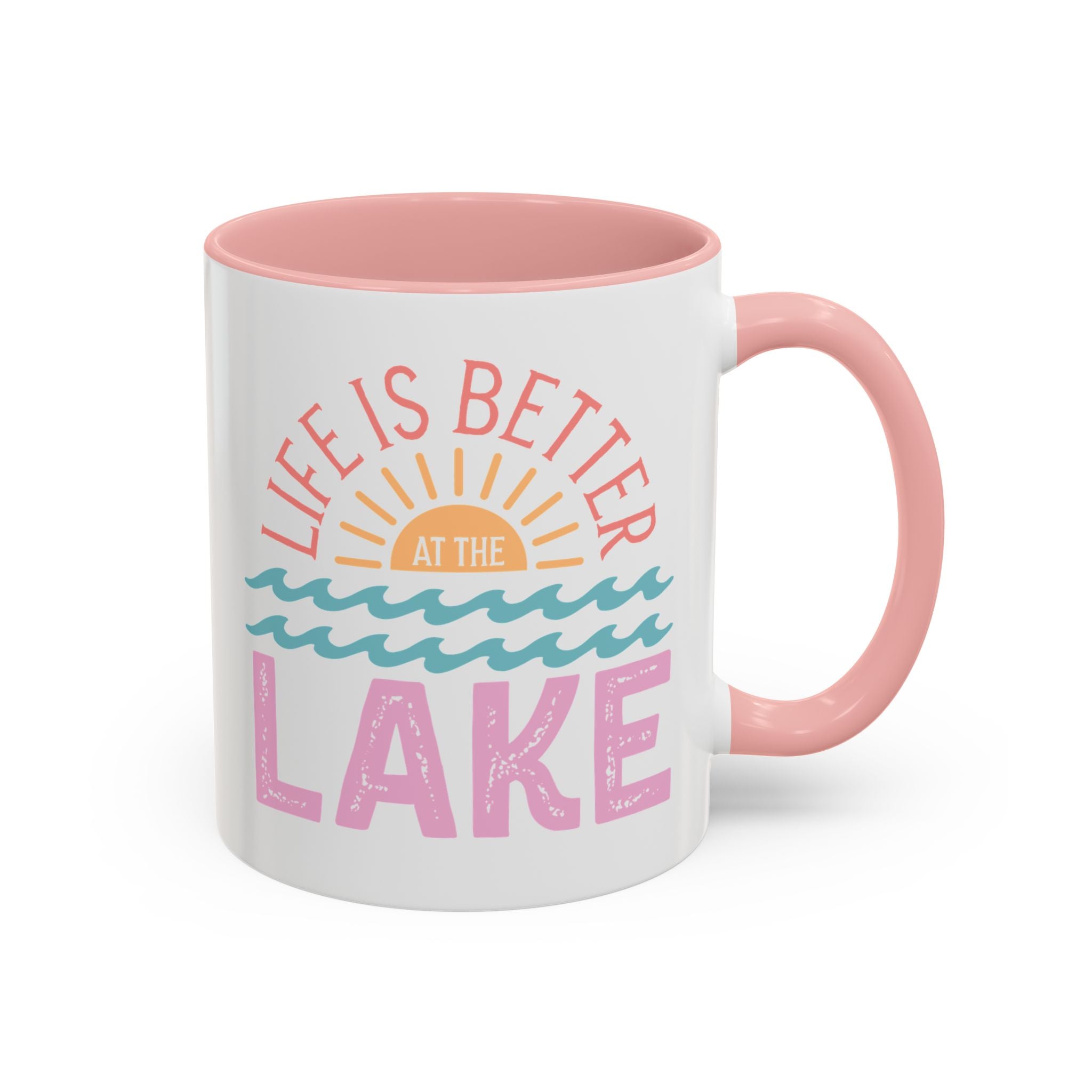 Life is Better at the Lake, Distressed Sunshine Summer Mug - Available in a variety of vibrant accent colors, and in 15oz and 11oz sizes. Dishwasher and microwave safe.