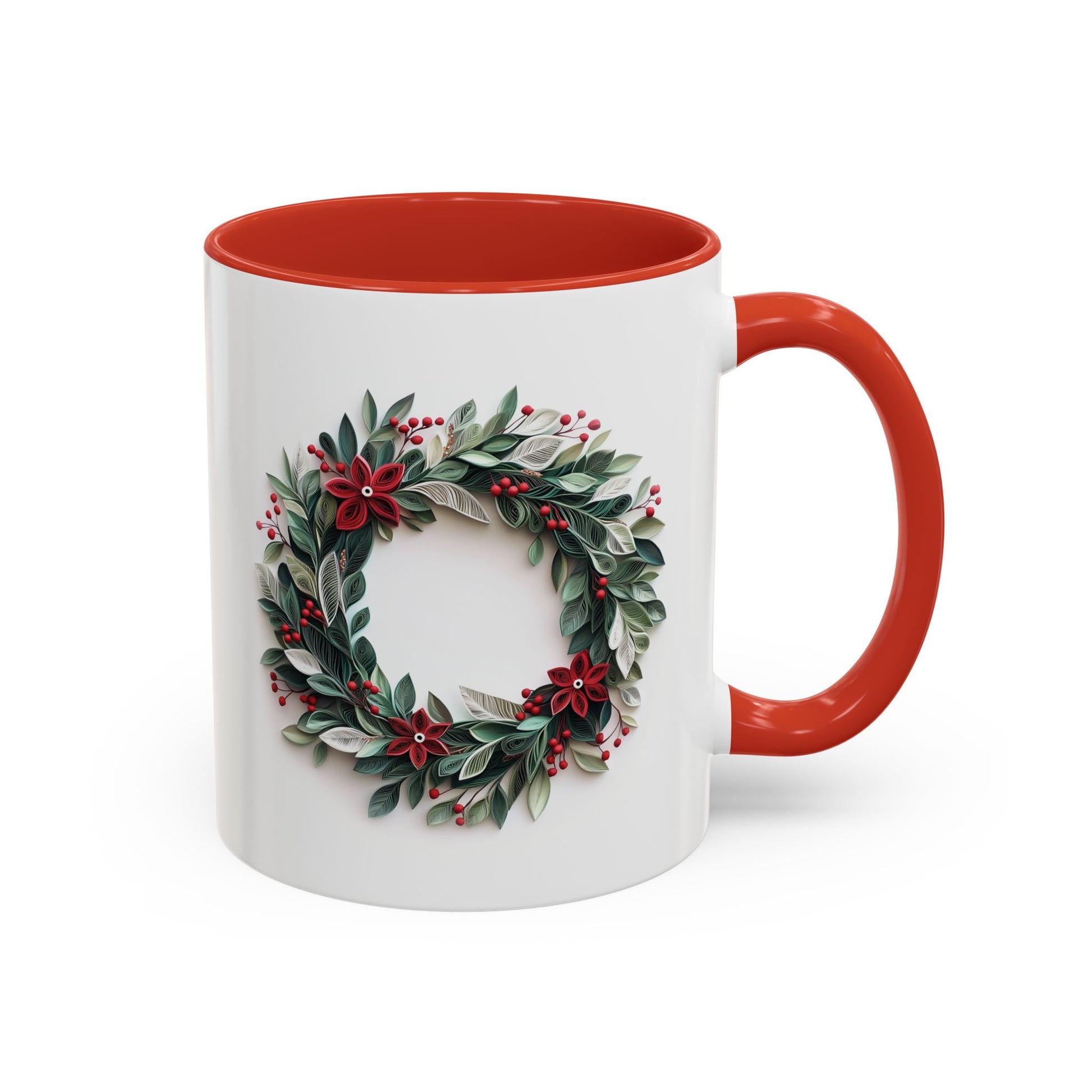Christmas Wreath, Paper Quilling Mug - Available in a variety of vibrant accent colors, and in 15oz and 11oz sizes. Dishwasher and microwave safe.