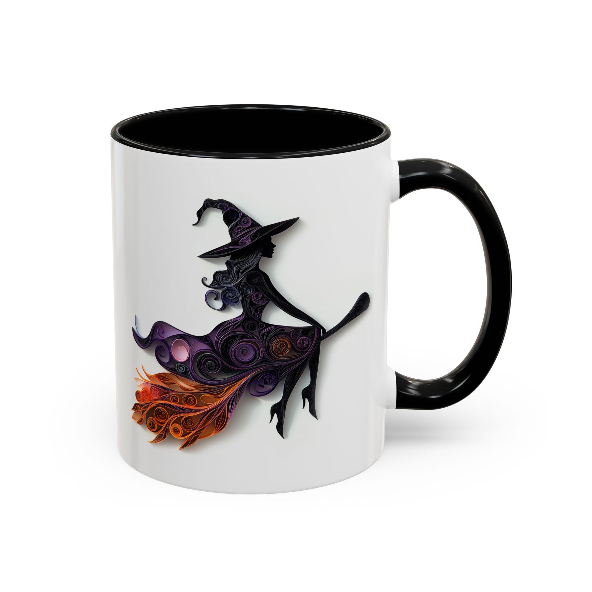 Witch on a Broom, Paper Quilling Mug - Available in a variety of vibrant accent colors, and in 15oz and 11oz sizes. Dishwasher and microwave safe.