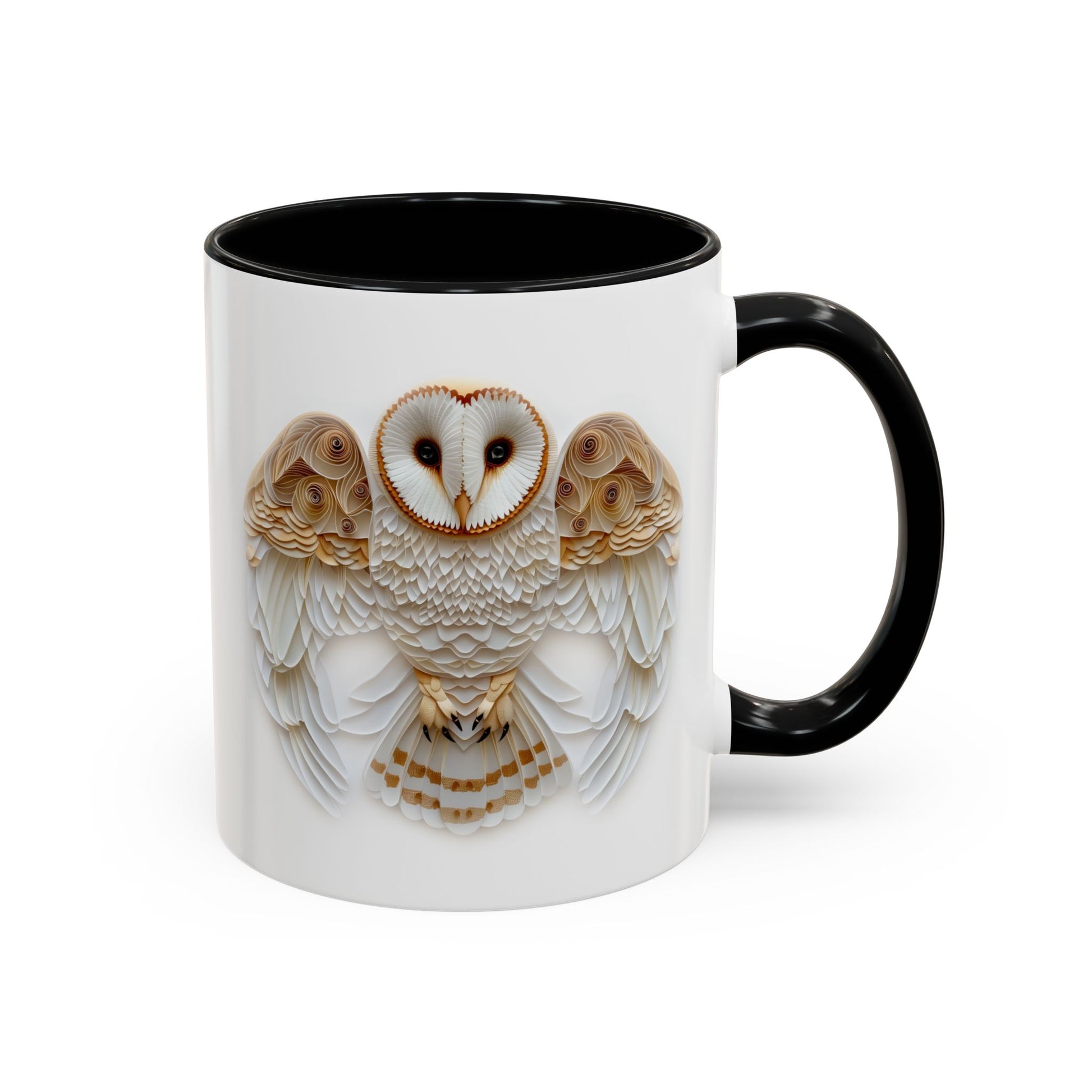 Barn Owl, Paper Quilling Mug - Available in a variety of vibrant accent colors, and in 15oz and 11oz sizes. Dishwasher and microwave safe.