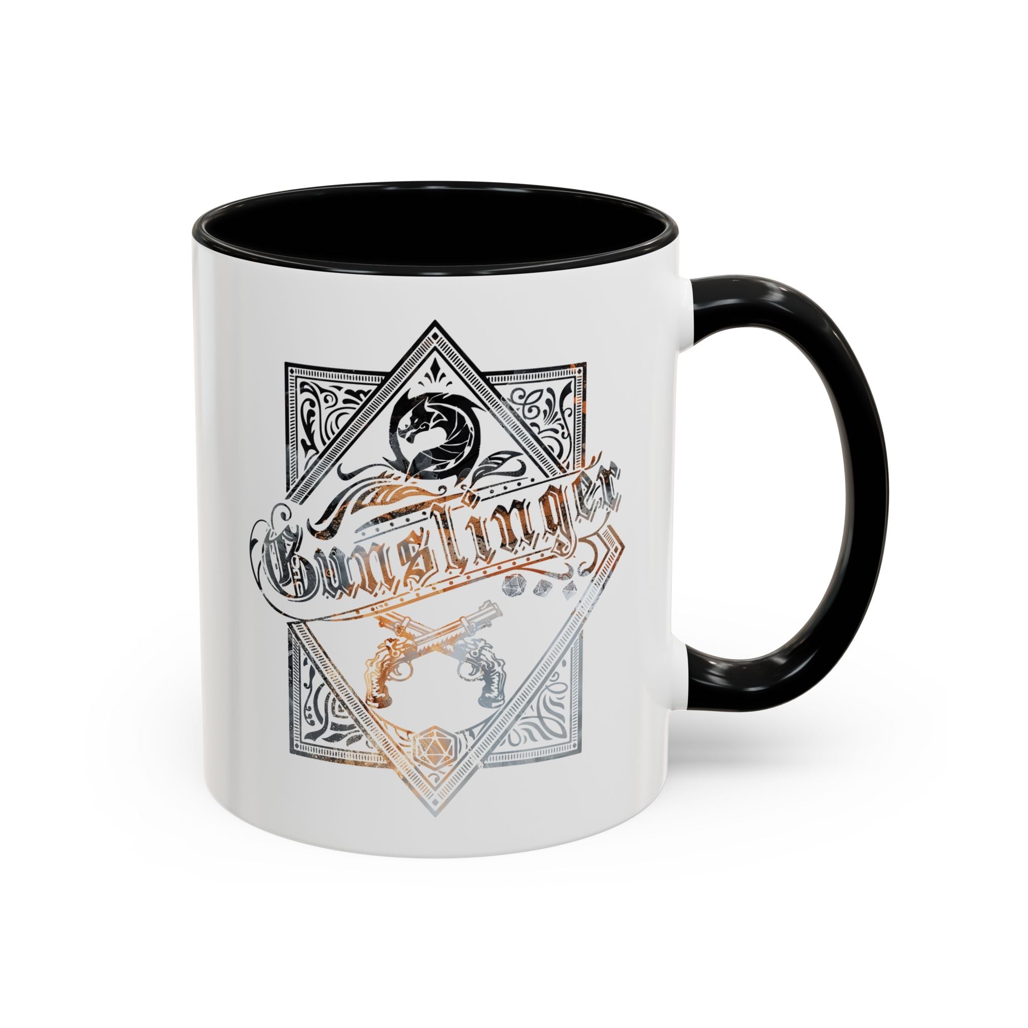 D&D Class, Ornate Card Style | Mug | Gunslinger - Available in a variety of vibrant accent colors, and in 15oz and 11oz sizes. Dishwasher and microwave safe.