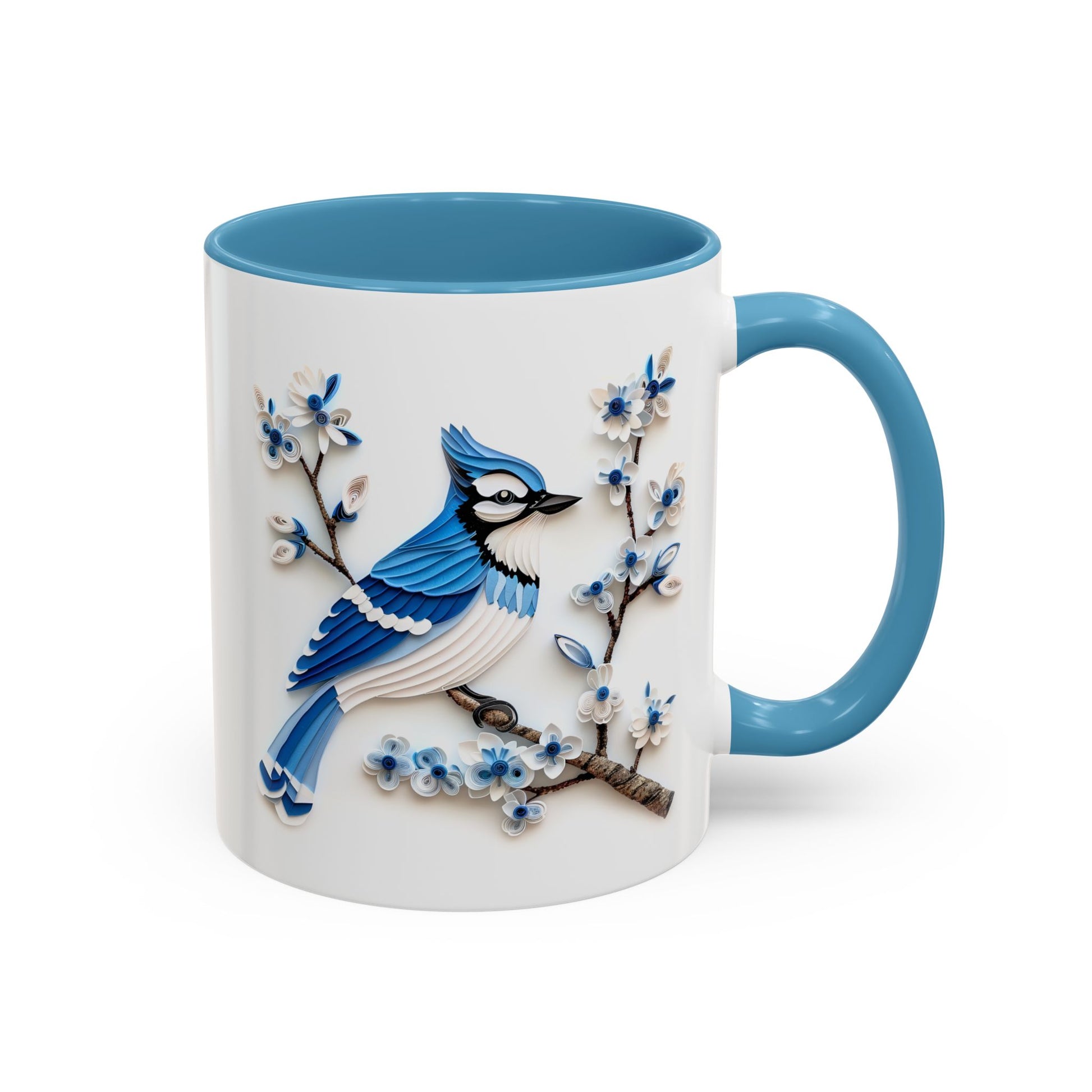 Blue Jay, Paper Quilling Mug - Available in a variety of vibrant accent colors, and in 15oz and 11oz sizes. Dishwasher and microwave safe.