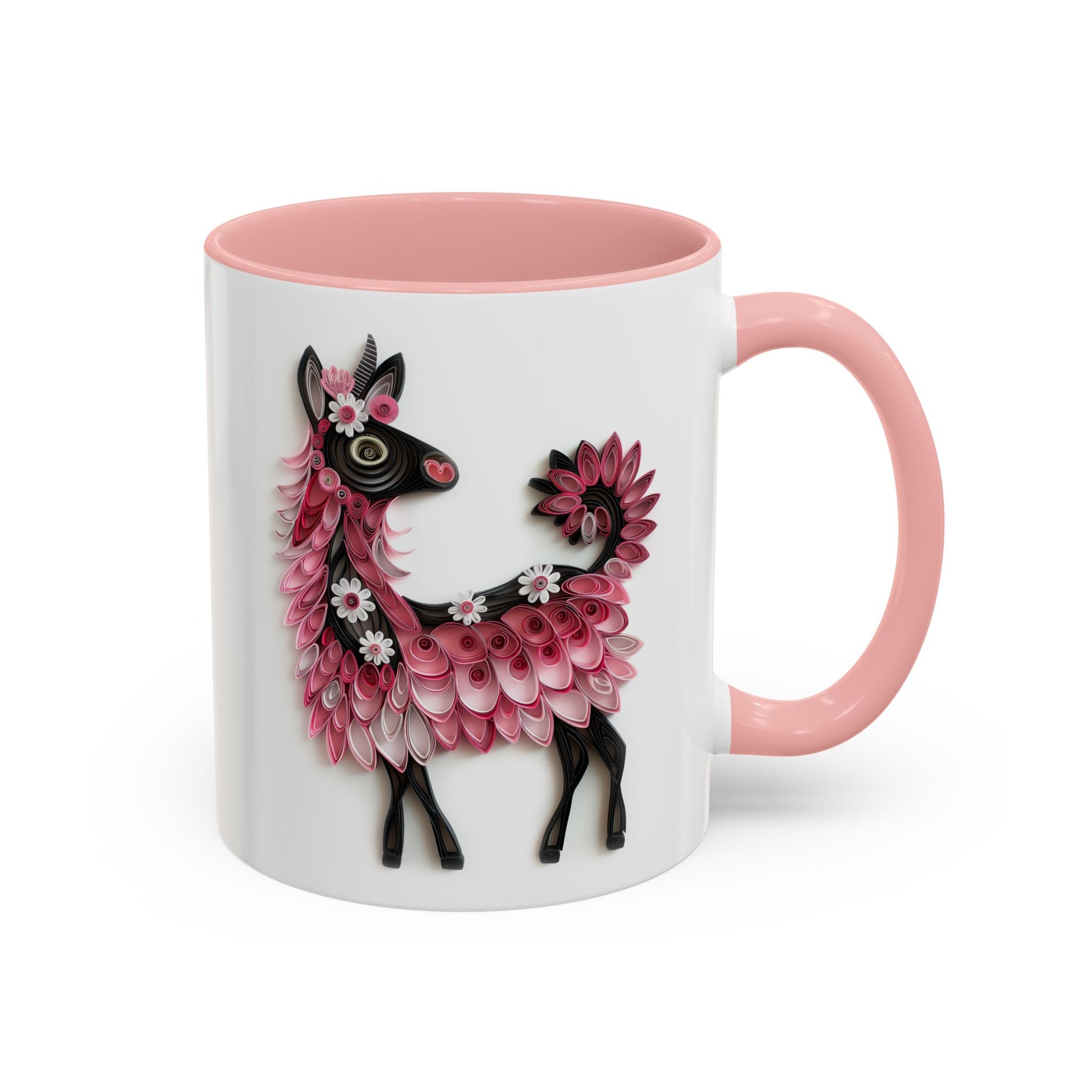 Drama Llama, Paper Quilling Mug - Available in a variety of vibrant accent colors, and in 15oz and 11oz sizes. Dishwasher and microwave safe.