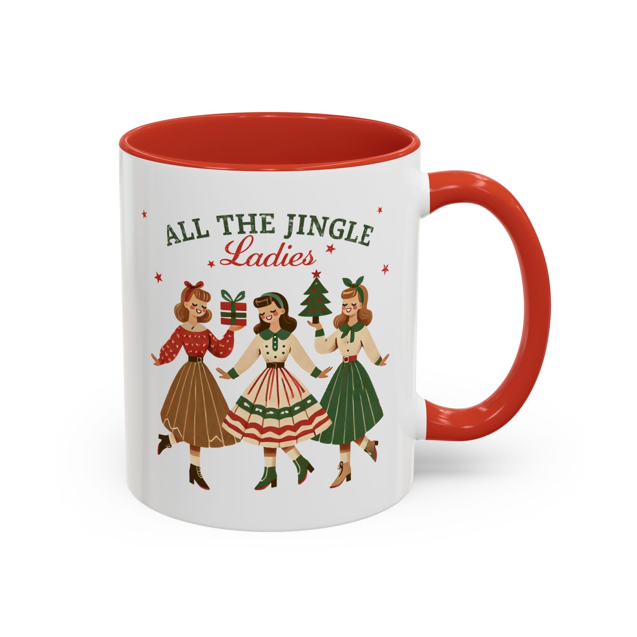 All the Jingle Ladies, Christmas Mug - Available in a variety of vibrant accent colors, and in 15oz and 11oz sizes. Dishwasher and microwave safe.