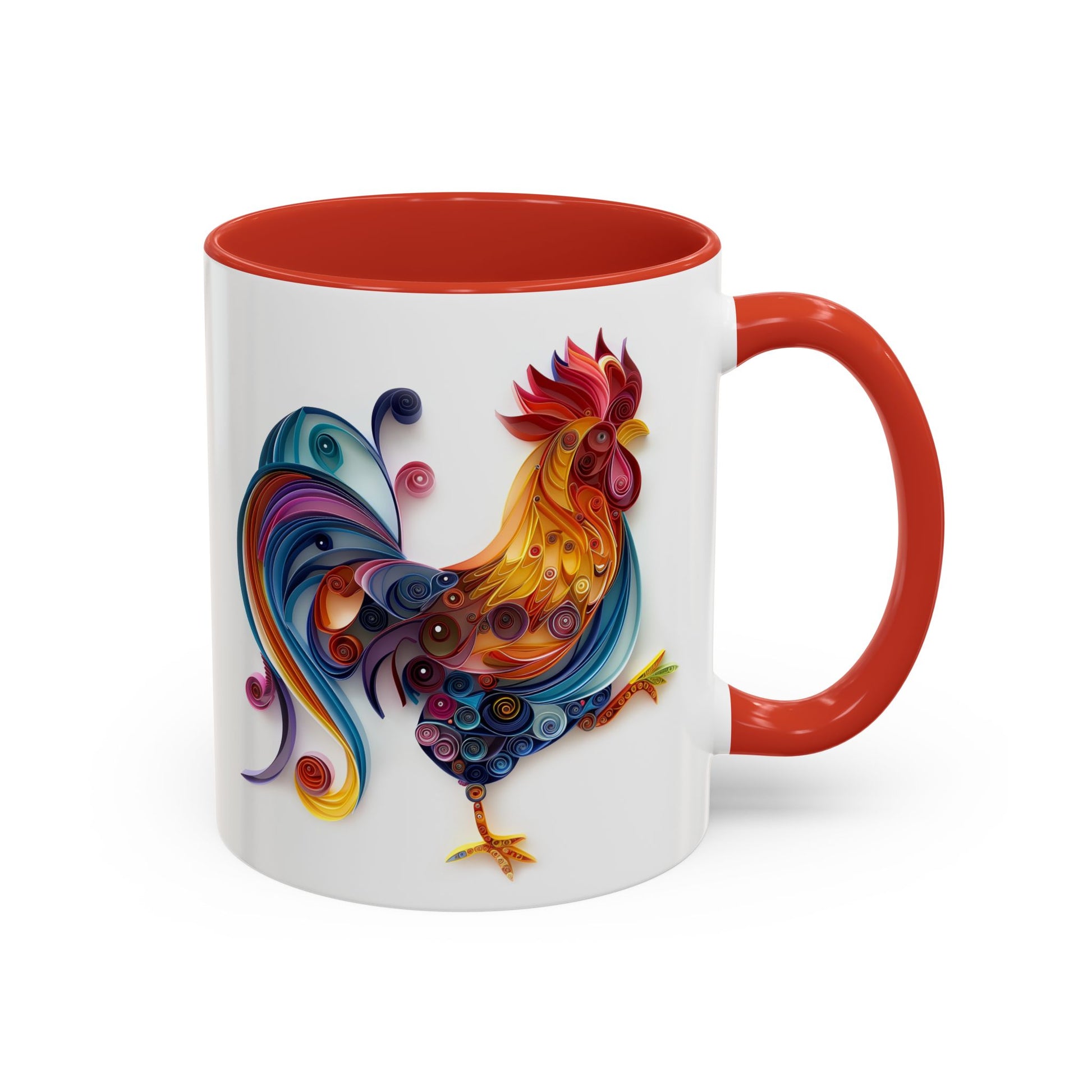 Rooster, Paper Quilling Mug - Available in a variety of vibrant accent colors, and in 15oz and 11oz sizes. Dishwasher and microwave safe.