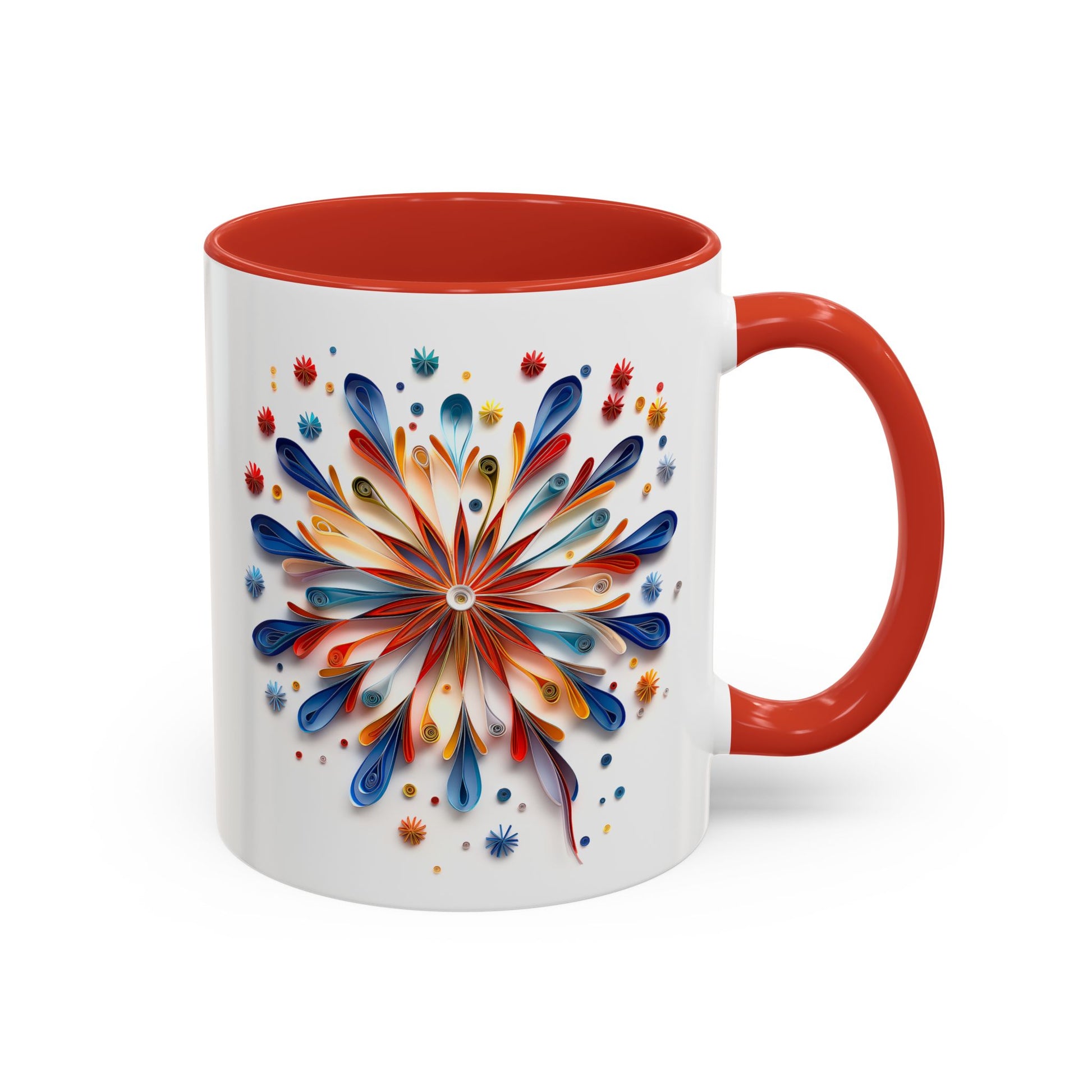 Fireworks, Paper Quilling Mug - Available in a variety of vibrant accent colors, and in 15oz and 11oz sizes. Dishwasher and microwave safe.