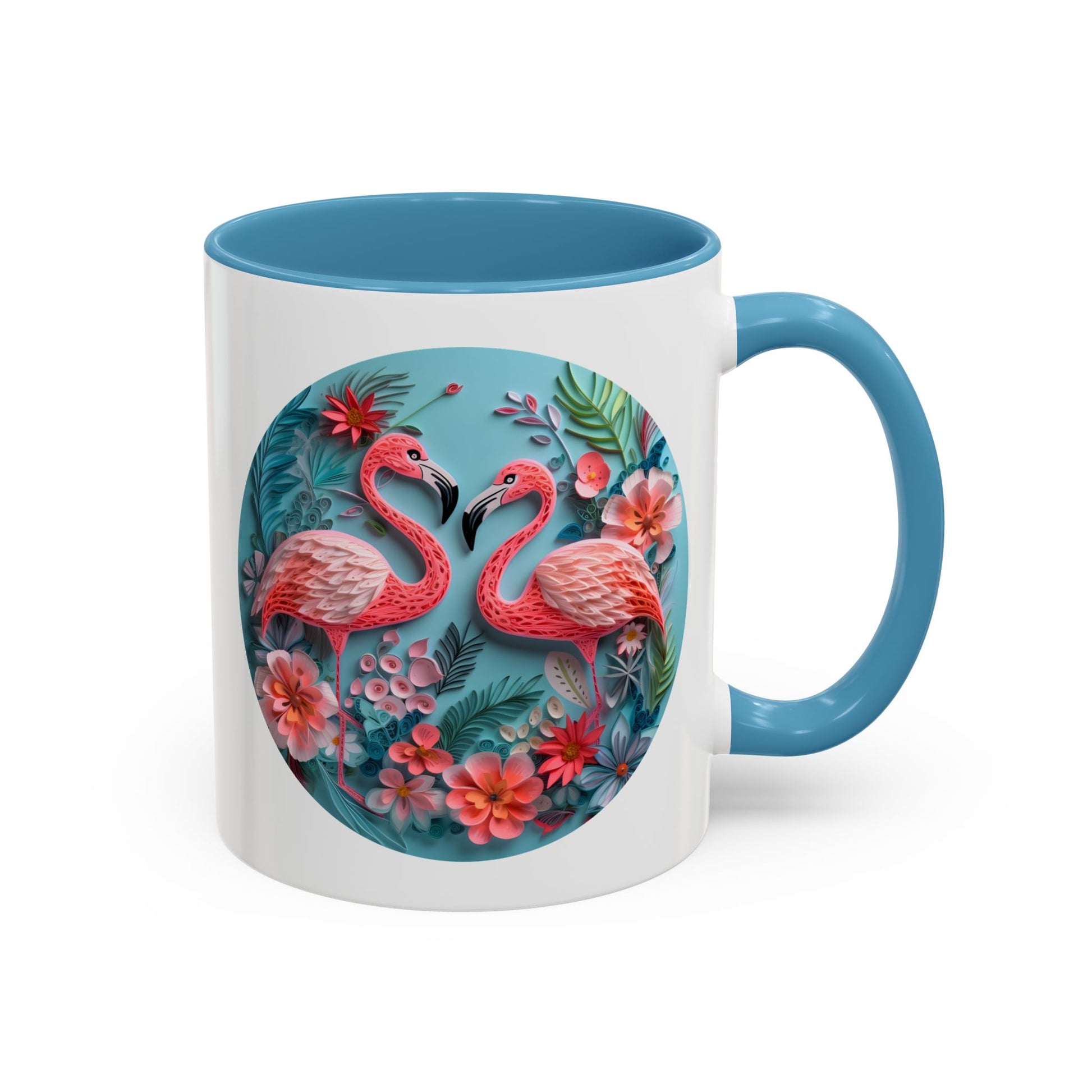 Flamingos, Paper Quilling Mug - Available in a variety of vibrant accent colors, and in 15oz and 11oz sizes. Dishwasher and microwave safe.
