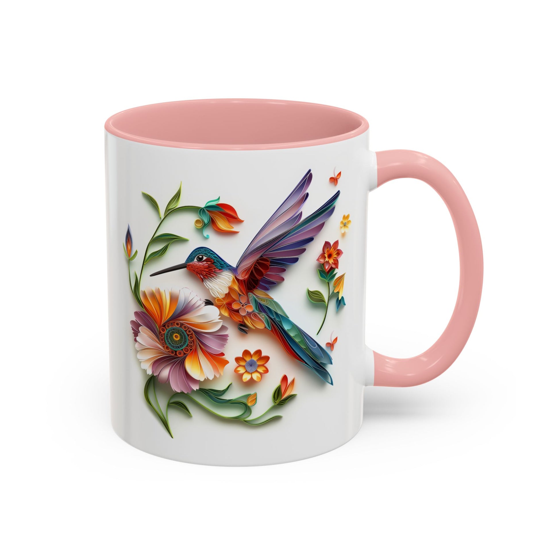 Hummingbird, Paper Quilling Mug - Available in a variety of vibrant accent colors, and in 15oz and 11oz sizes. Dishwasher and microwave safe.