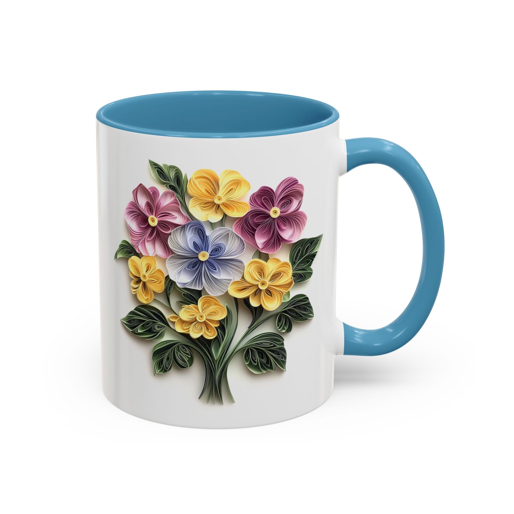 February Primrose, Birth Month Paper Quilling Mug - Available in a variety of vibrant accent colors, and in 15oz and 11oz sizes. Dishwasher and microwave safe.