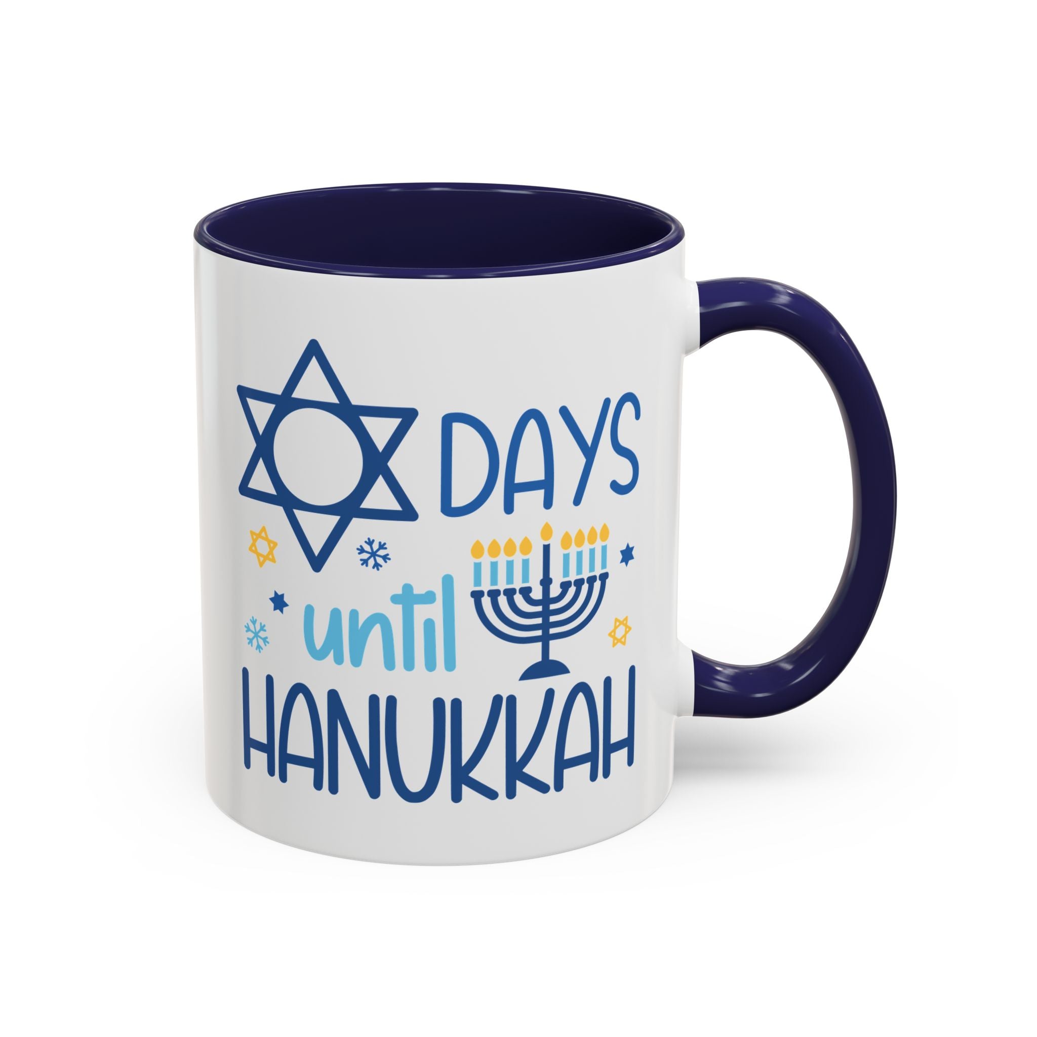Days Until Hanukkah Mug - Available in a variety of vibrant accent colors, and in 15oz and 11oz sizes. Dishwasher and microwave safe.