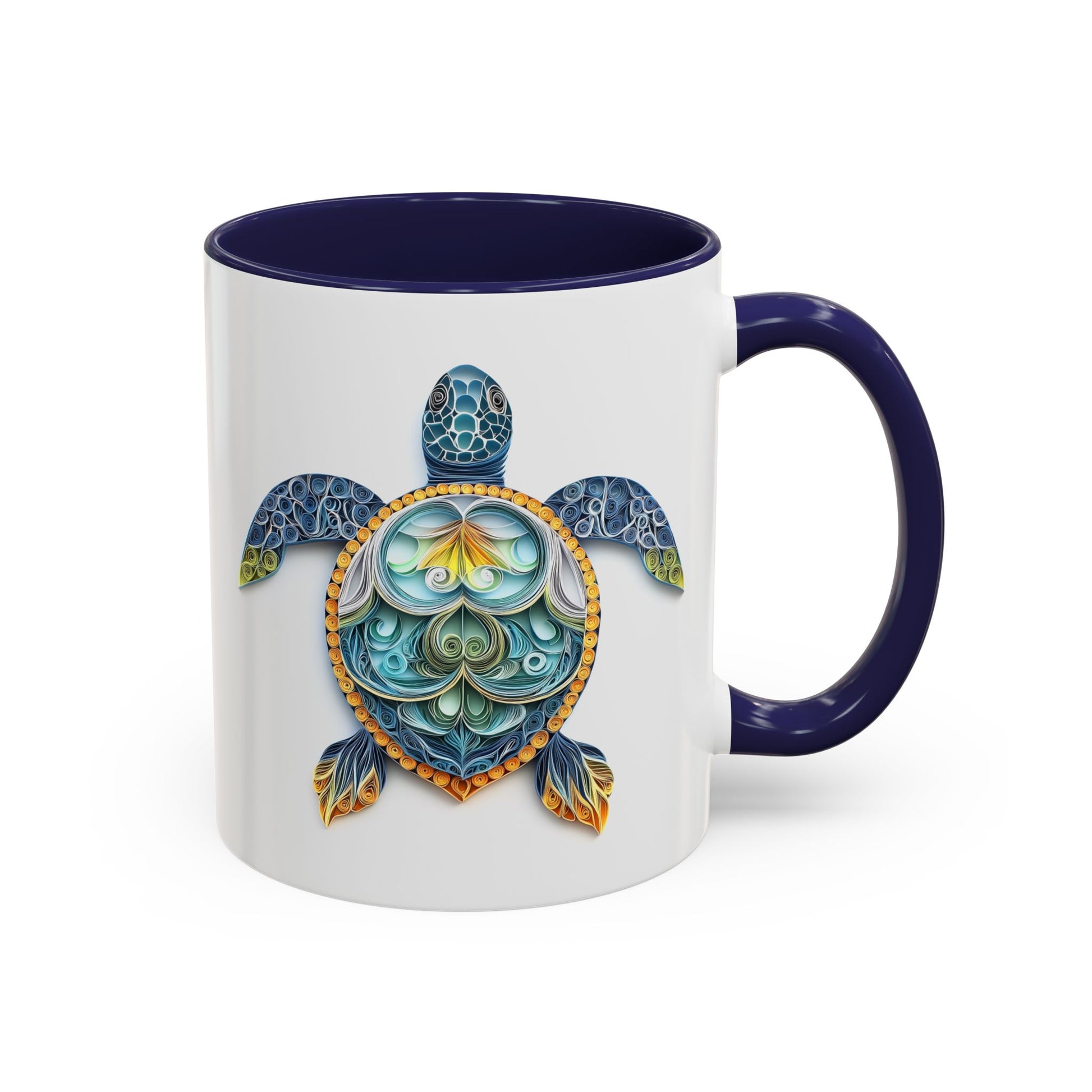 Sea Turtle, Paper Quilling Mug - Available in a variety of vibrant accent colors, and in 15oz and 11oz sizes. Dishwasher and microwave safe.