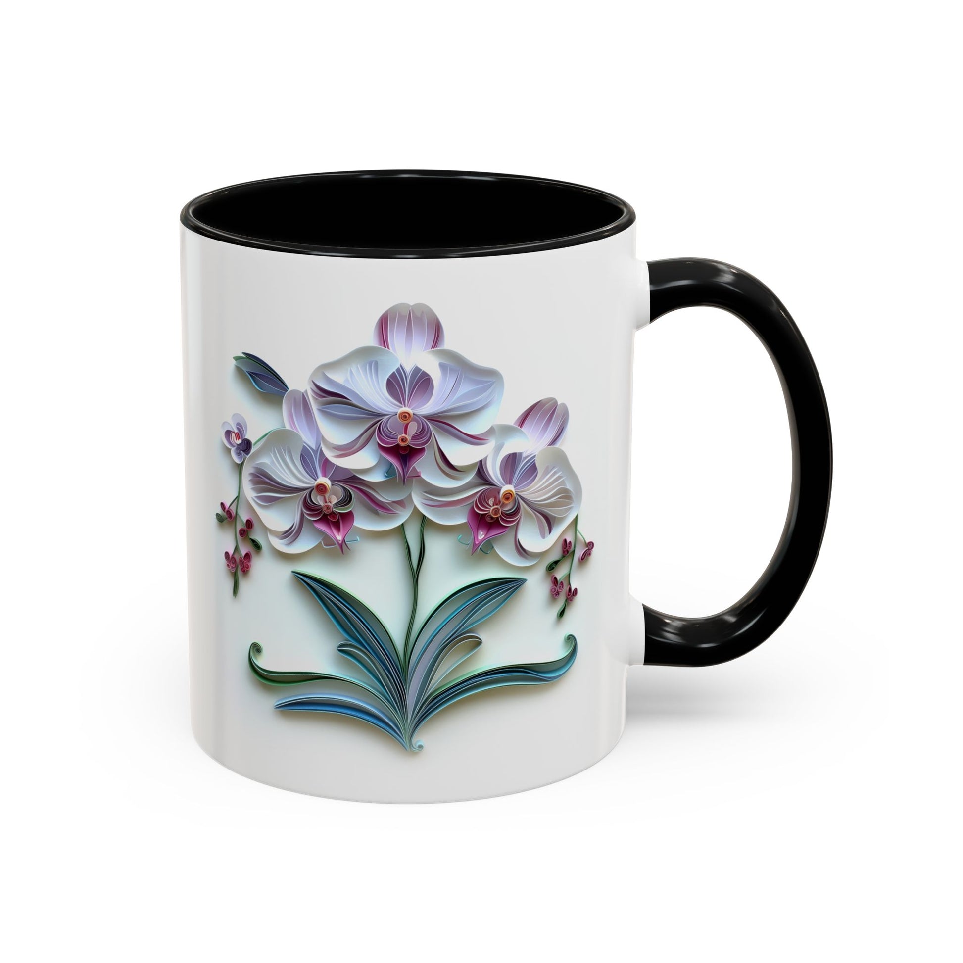 Orchids, Paper Quilling Mug - Available in a variety of vibrant accent colors, and in 15oz and 11oz sizes. Dishwasher and microwave safe.