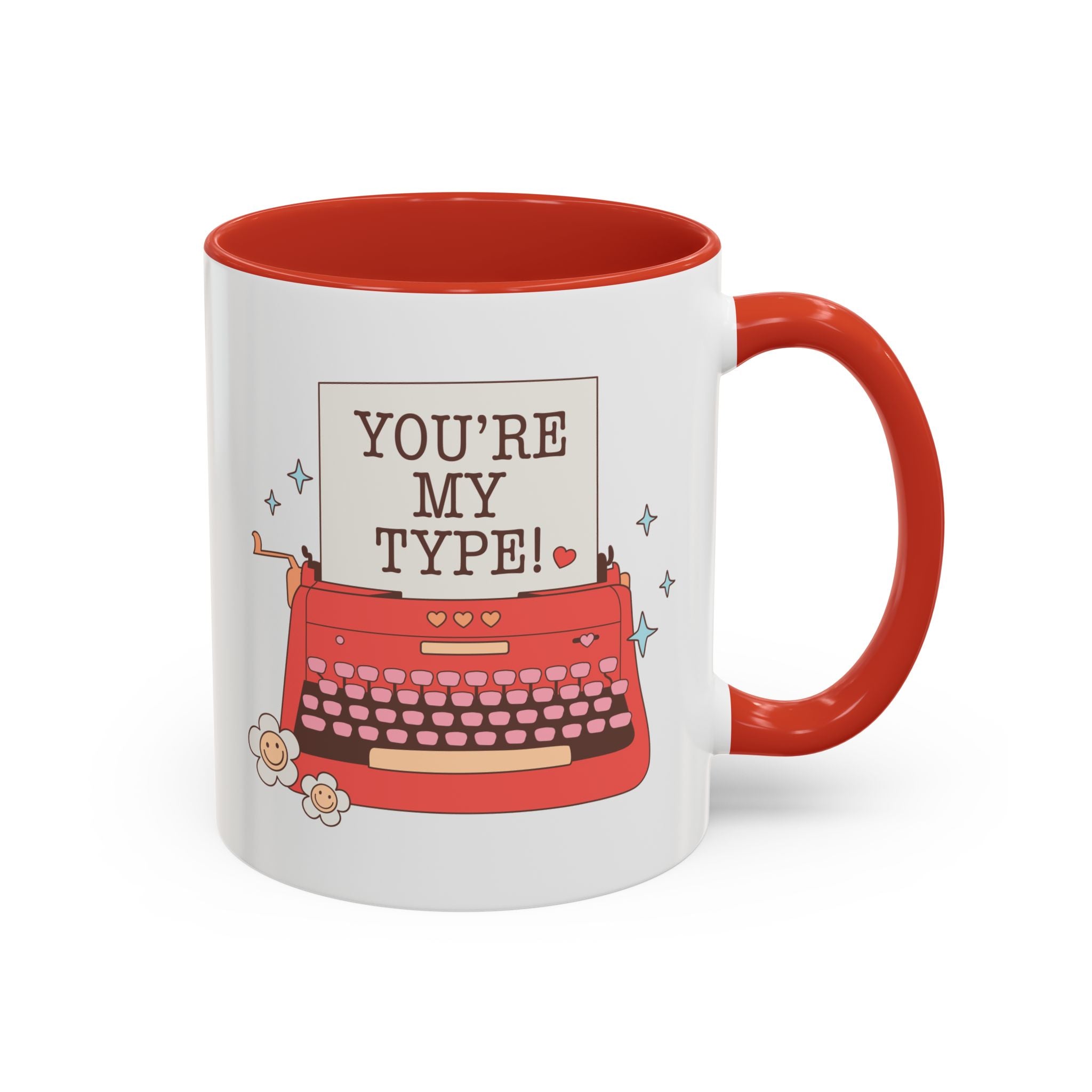 You're My Type, Valentine's Typewriter Pun Mug - Available in a variety of vibrant accent colors, and in 15oz and 11oz sizes. Dishwasher and microwave safe.