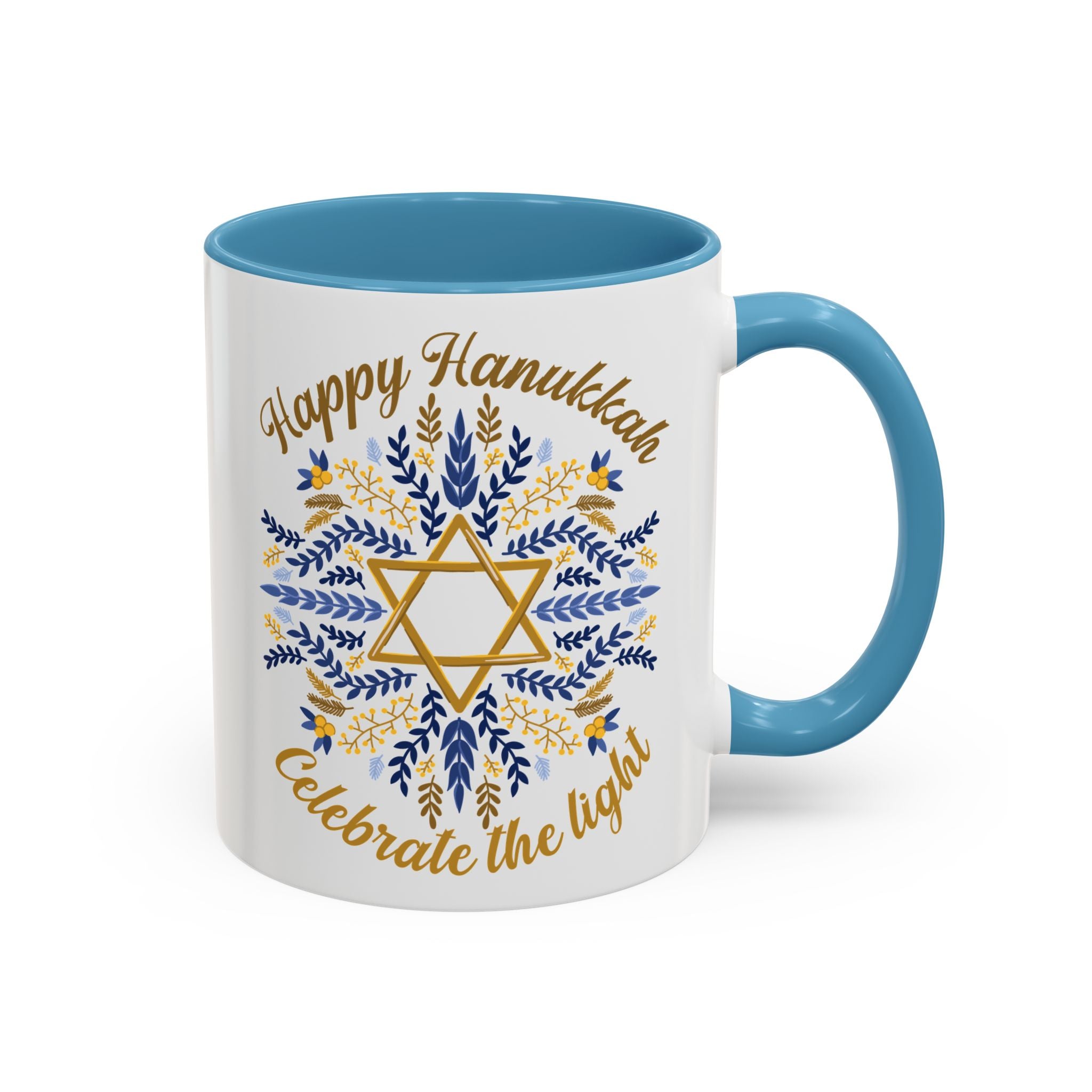 Happy Hanukkah, Celebrate the Light Mug - Available in a variety of vibrant accent colors, and in 15oz and 11oz sizes. Dishwasher and microwave safe.