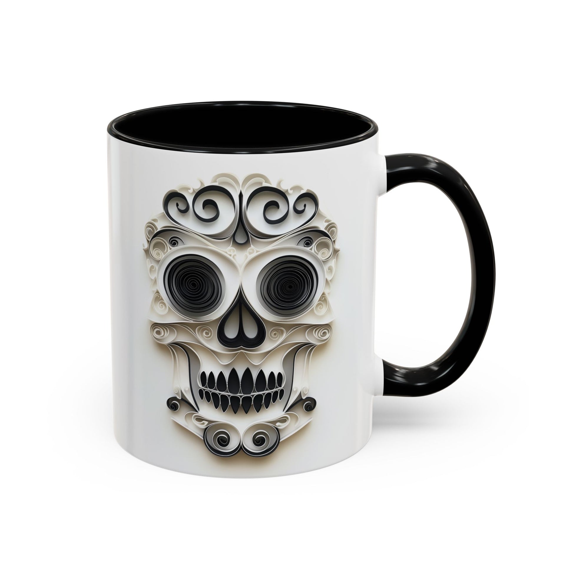 Black & White Skull, Paper Quilling Mug - Available in a variety of vibrant accent colors, and in 15oz and 11oz sizes. Dishwasher and microwave safe.