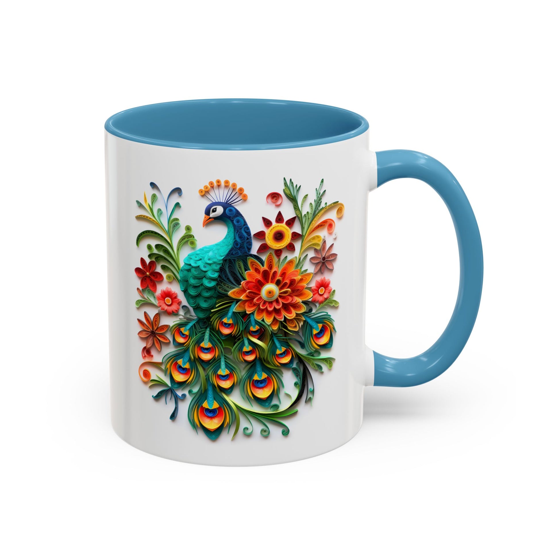 Peacock, Paper Quilling Mug - Available in a variety of vibrant accent colors, and in 15oz and 11oz sizes. Dishwasher and microwave safe.