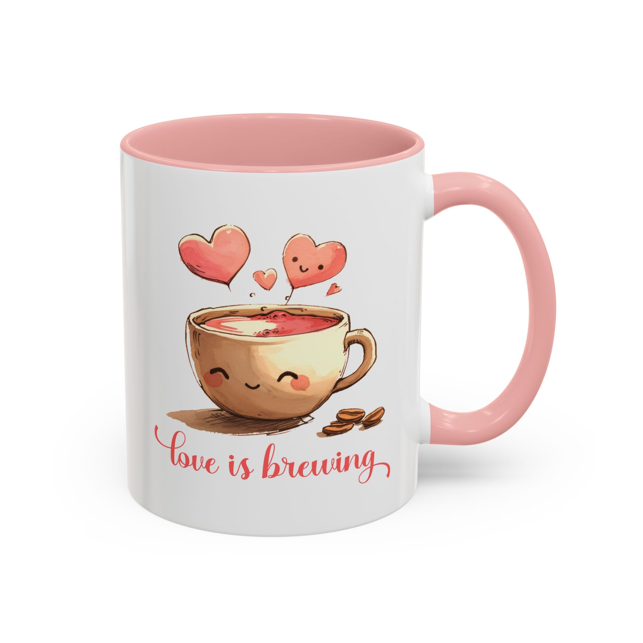 Love is Brewing, Valentine's Day Mug - Available in a variety of vibrant accent colors, and in 15oz and 11oz sizes. Dishwasher and microwave safe.