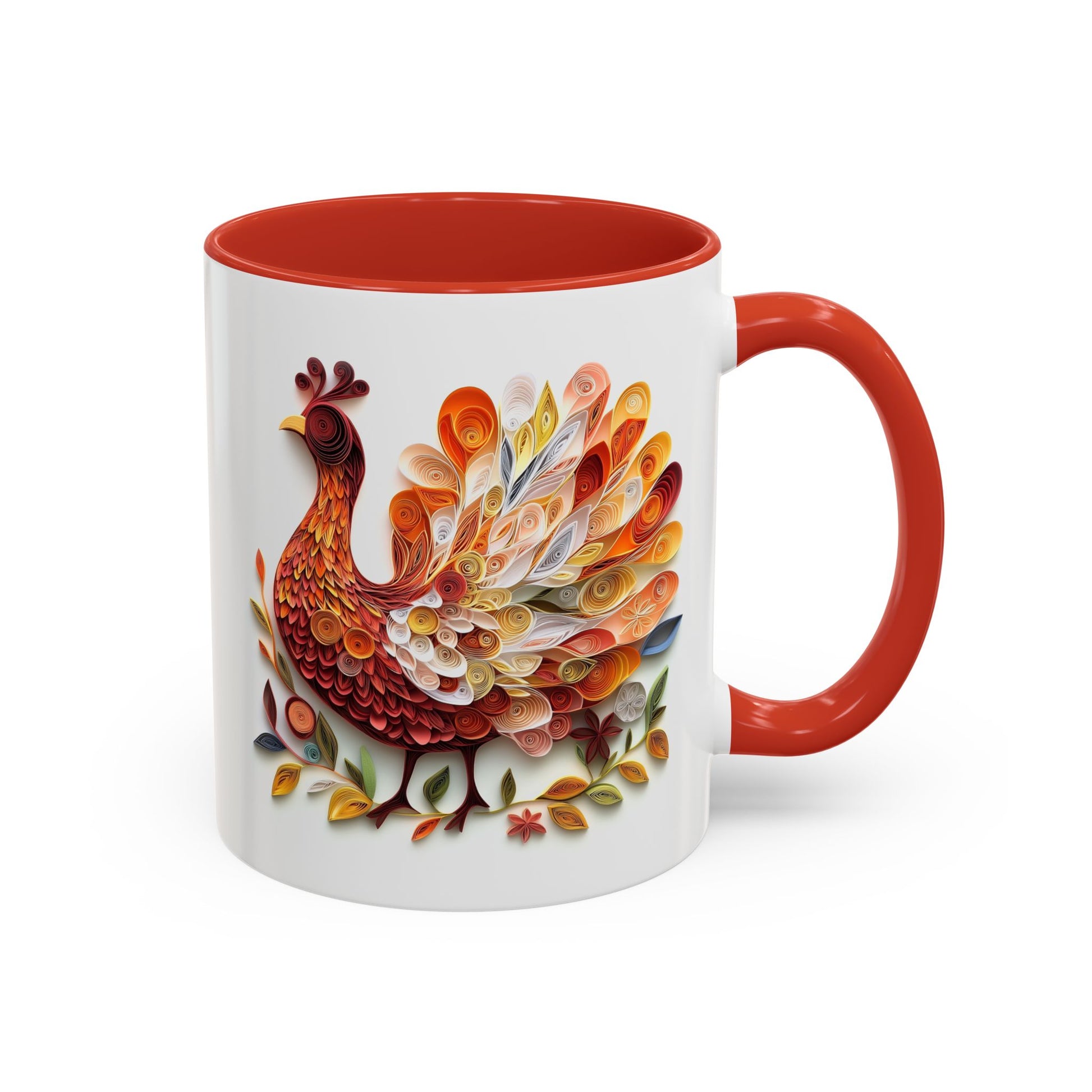 Thanksgiving Turkey, Paper Quilling Mug - Available in a variety of vibrant accent colors, and in 15oz and 11oz sizes. Dishwasher and microwave safe.