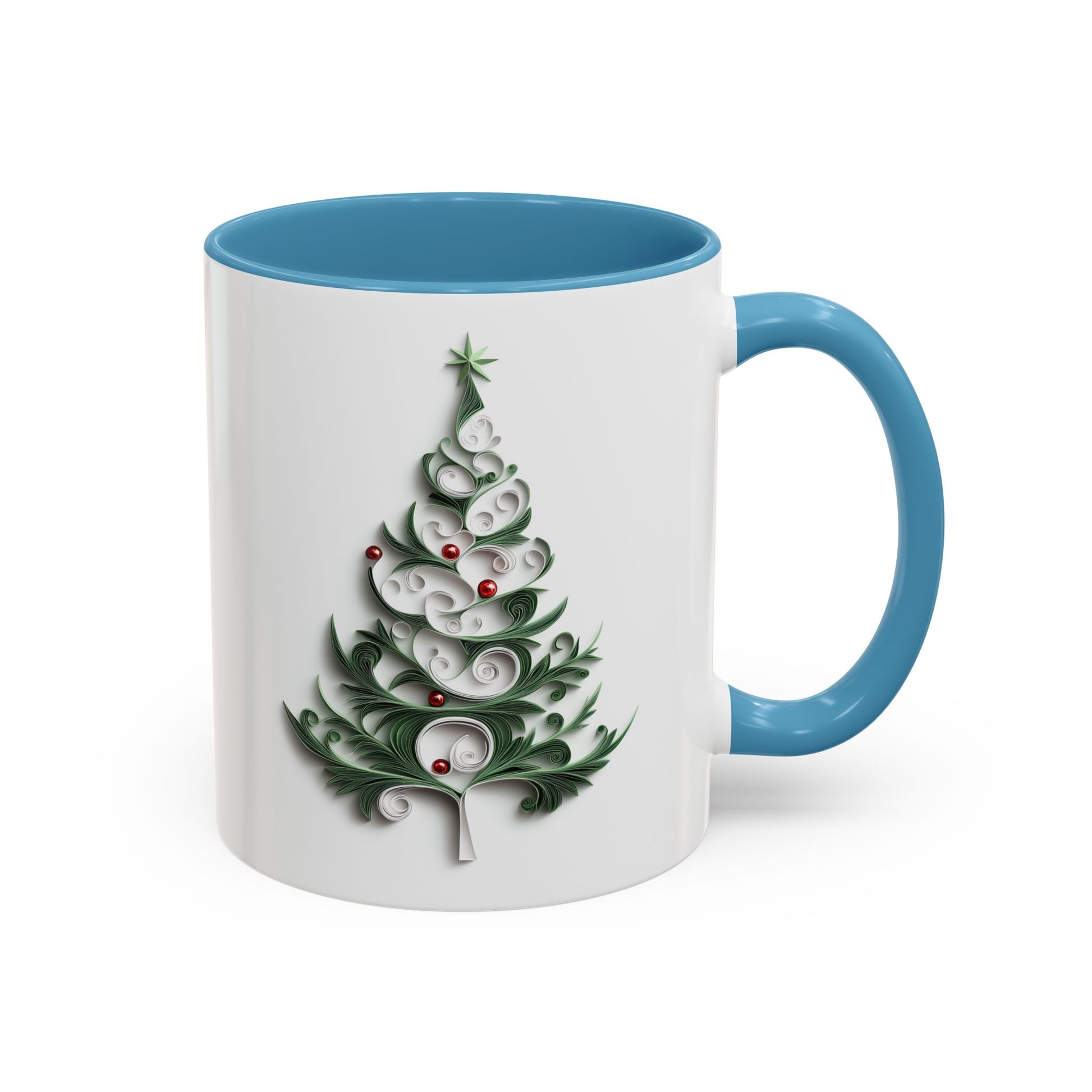 Christmas Tree, Paper Quilling Mug - Available in a variety of vibrant accent colors, and in 15oz and 11oz sizes. Dishwasher and microwave safe.
