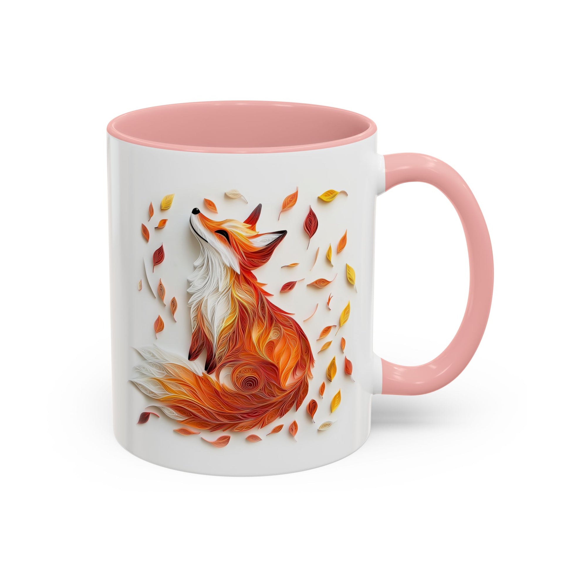 Fox in Fall Leaves, Paper Quilling Mug - Available in a variety of vibrant accent colors, and in 15oz and 11oz sizes. Dishwasher and microwave safe.