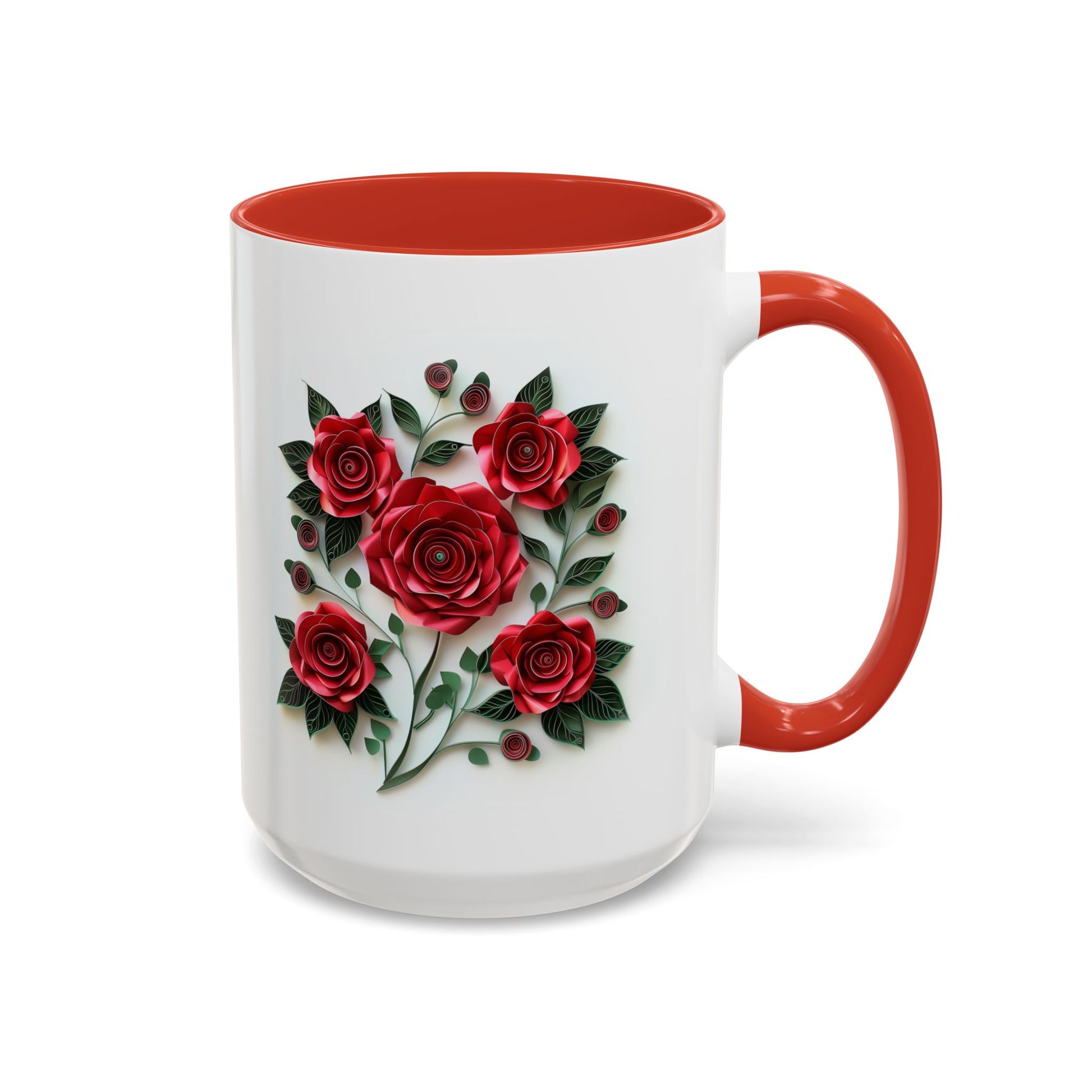 Red Roses, Paper Quilling Mug - Available in a variety of vibrant accent colors, and in 15oz and 11oz sizes. Dishwasher and microwave safe.