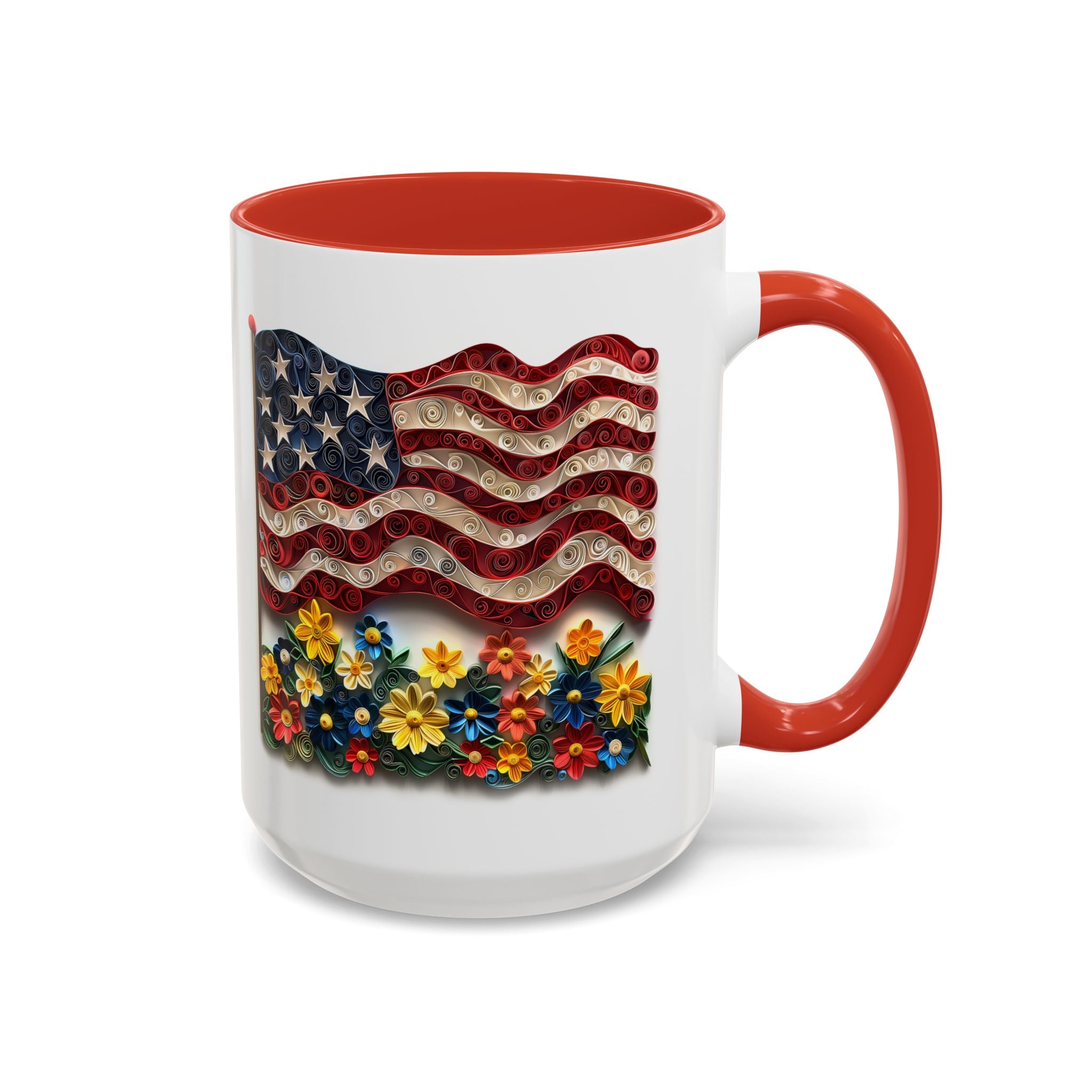 American Flag with Flowers, Paper Quilling Mug - Available in a variety of vibrant accent colors, and in 15oz and 11oz sizes. Dishwasher and microwave safe.