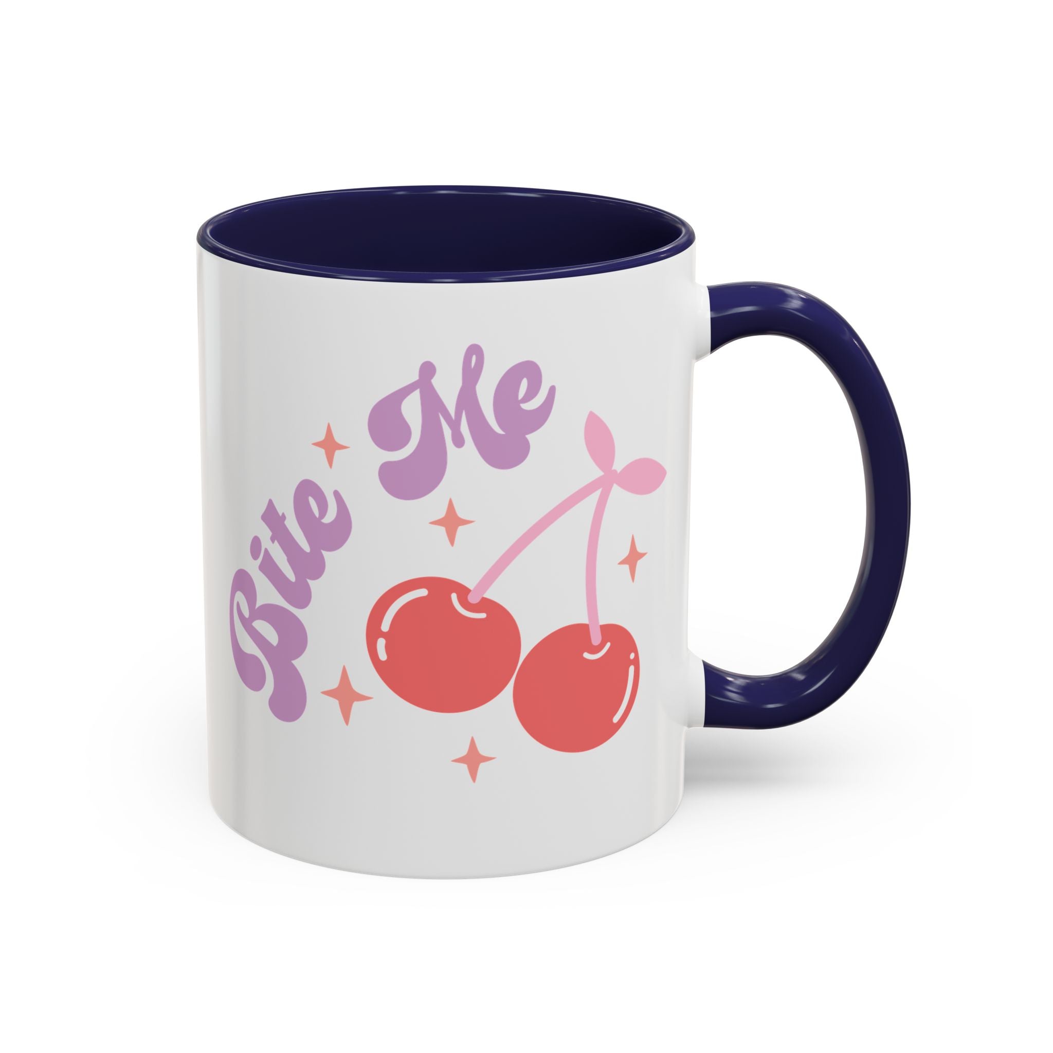 Bite Me, Anti-Valentine's Cherries Mug - Available in a variety of vibrant accent colors, and in 15oz and 11oz sizes. Dishwasher and microwave safe.