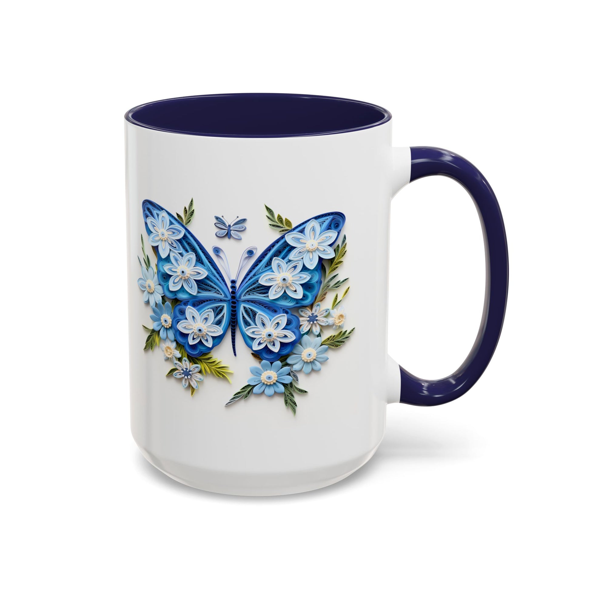 Blue Butterfly, Paper Quilling Mug - Available in a variety of vibrant accent colors, and in 15oz and 11oz sizes. Dishwasher and microwave safe.