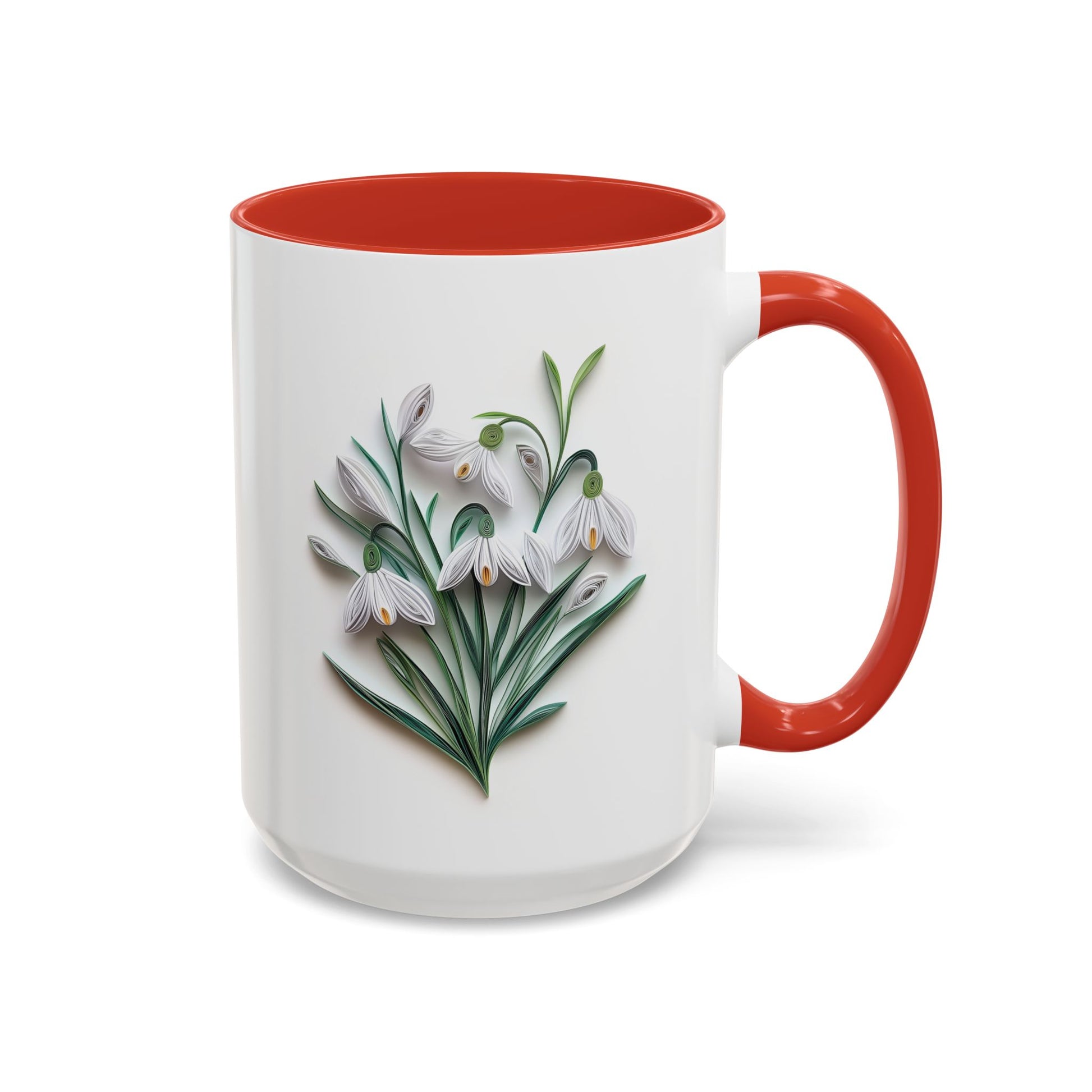 January Snowdrop, Birth Month Paper Quilling Mug - Available in a variety of vibrant accent colors, and in 15oz and 11oz sizes. Dishwasher and microwave safe.