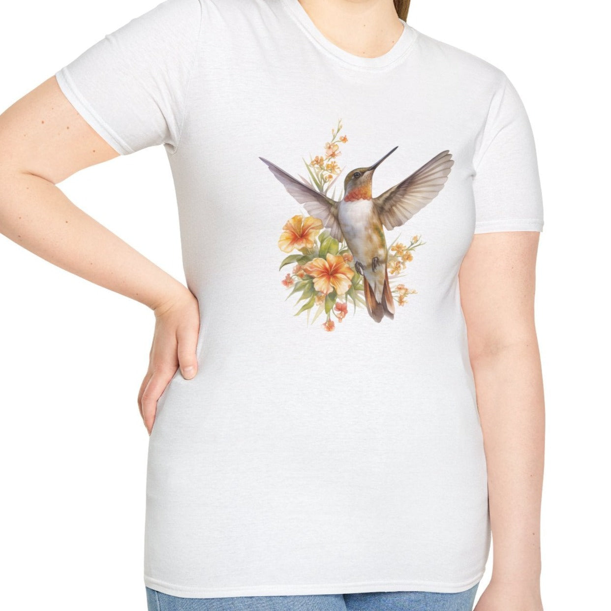 Hummingbird and Flowers, Soft Watercolor Tee-Adult Tees-Wild Pour