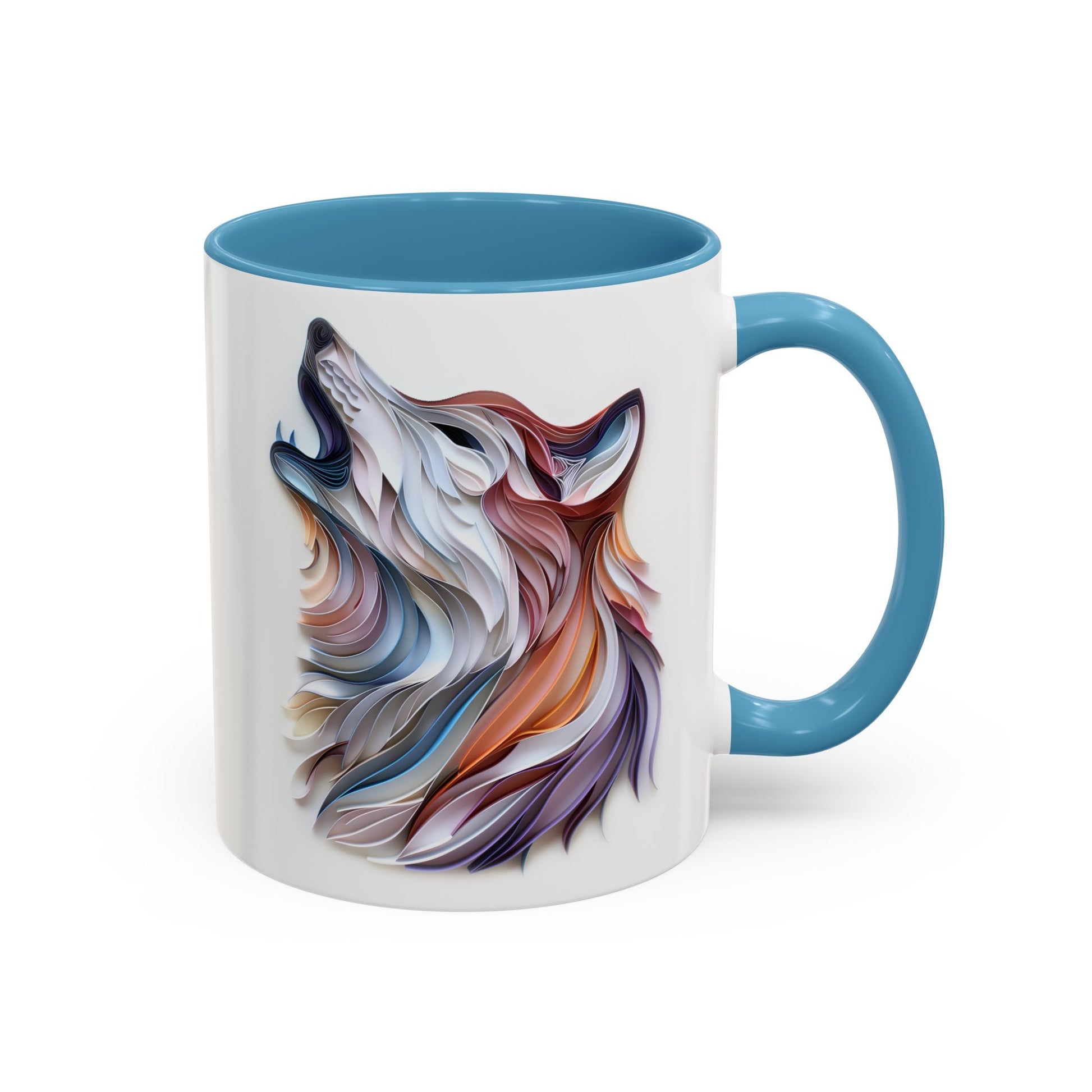 Howling Wolf, Paper Quilling Mug - Available in a variety of vibrant accent colors, and in 15oz and 11oz sizes. Dishwasher and microwave safe.