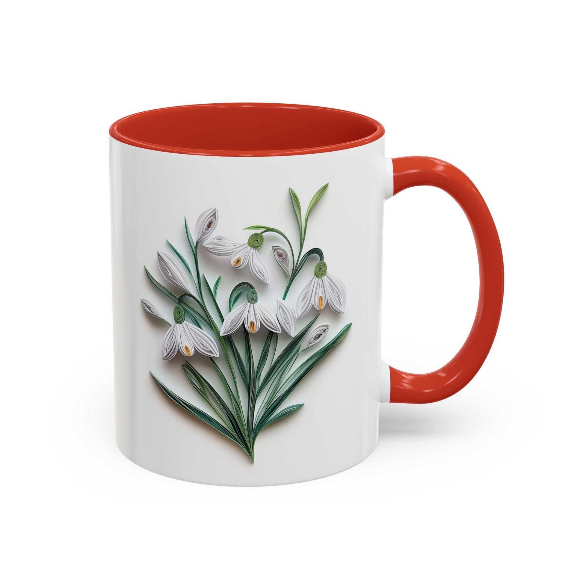 January Snowdrop, Birth Month Paper Quilling Mug - Available in a variety of vibrant accent colors, and in 15oz and 11oz sizes. Dishwasher and microwave safe.