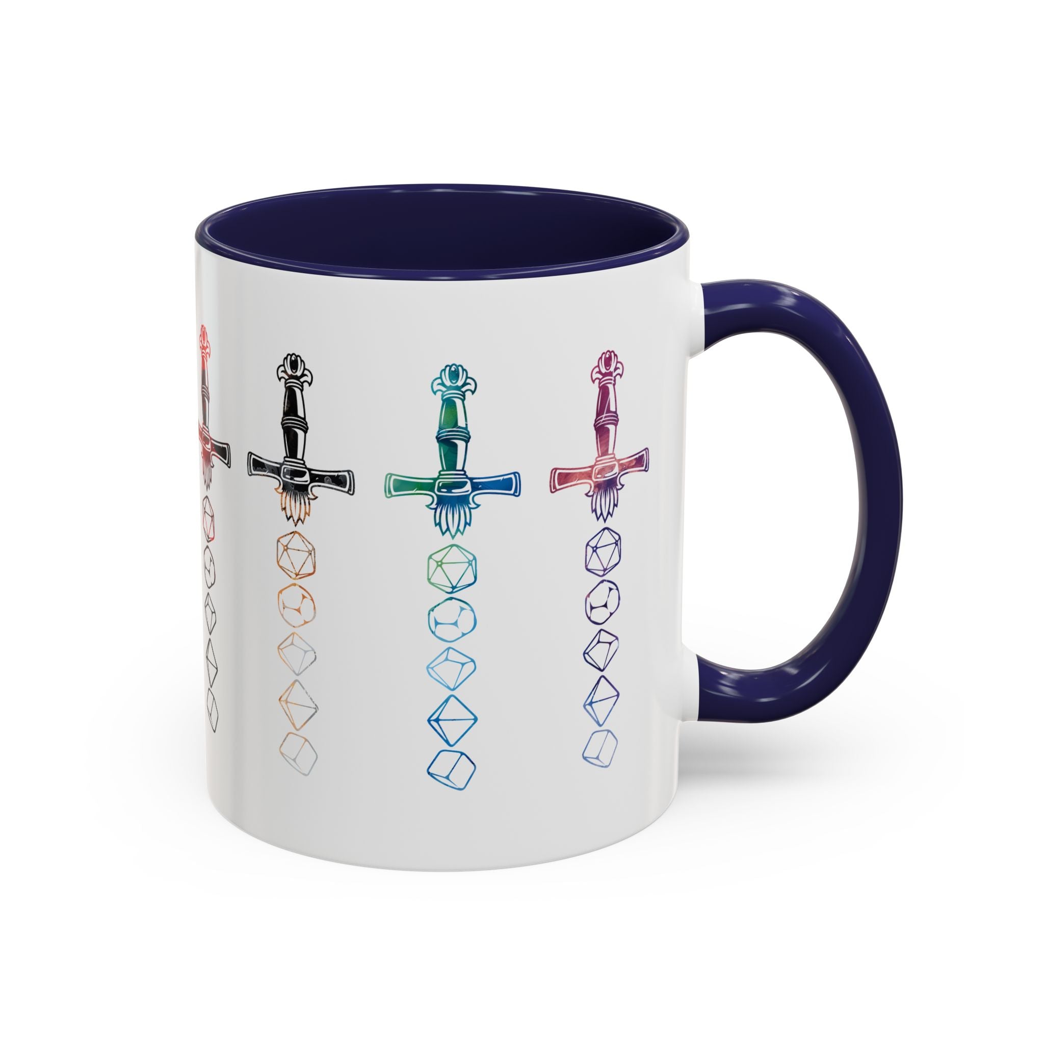 D&D Dice Sword, Multicolor Wrap-Around Mug - Available in a variety of vibrant accent colors, and in 15oz and 11oz sizes. Dishwasher and microwave safe.