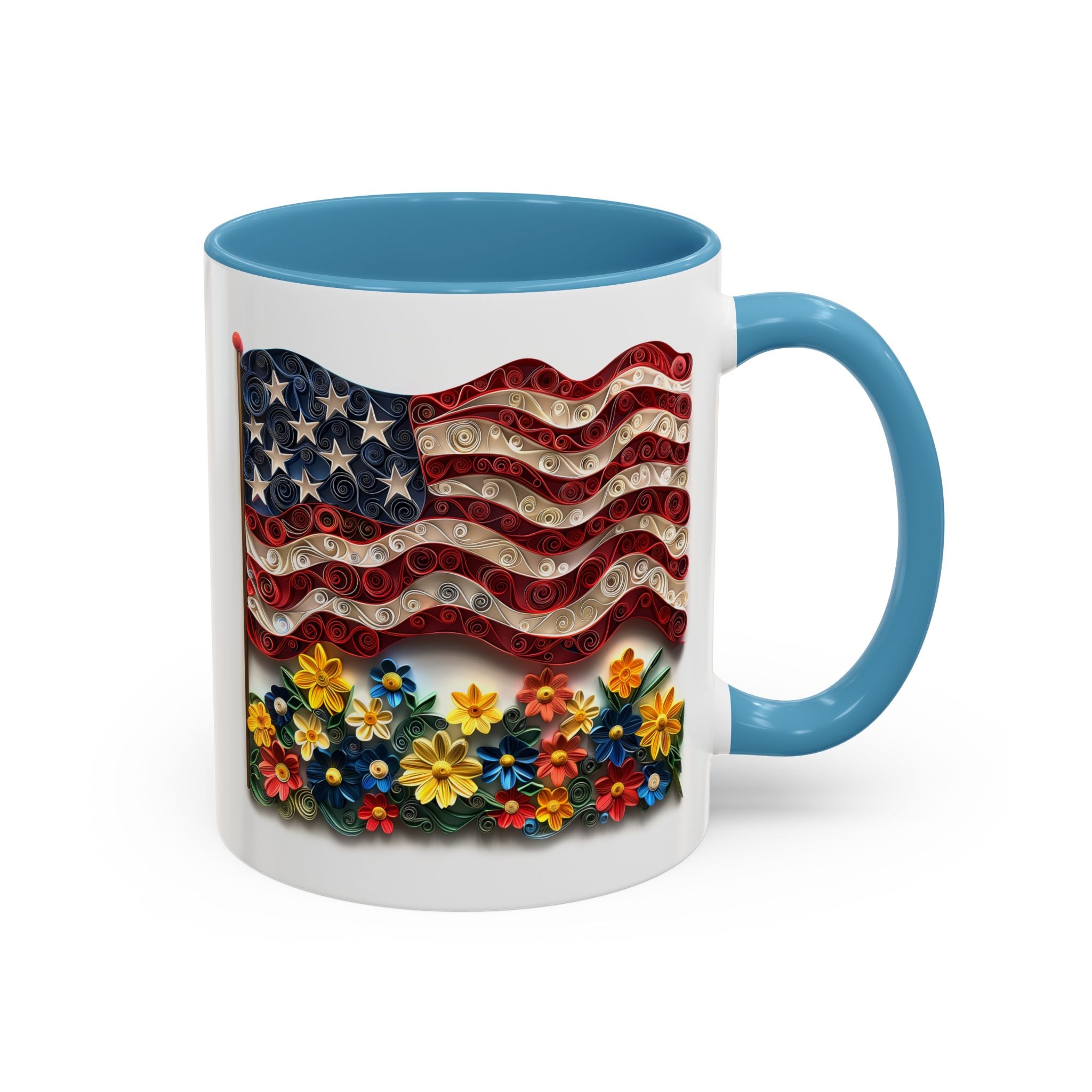 American Flag with Flowers, Paper Quilling Mug - Available in a variety of vibrant accent colors, and in 15oz and 11oz sizes. Dishwasher and microwave safe.