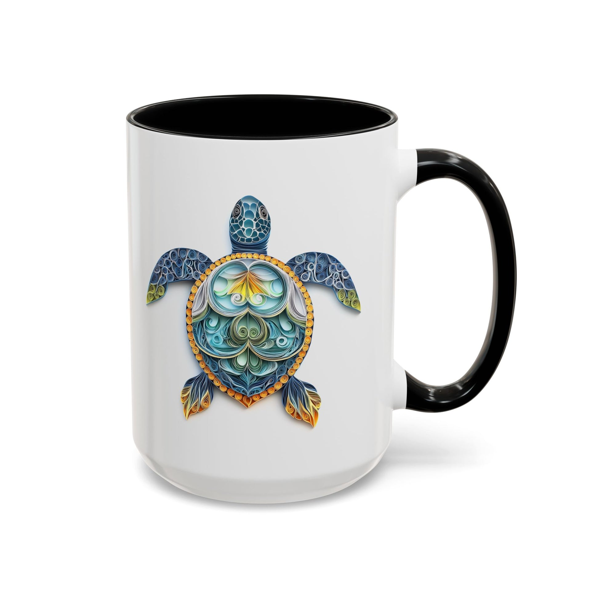 Sea Turtle, Paper Quilling Mug - Available in a variety of vibrant accent colors, and in 15oz and 11oz sizes. Dishwasher and microwave safe.