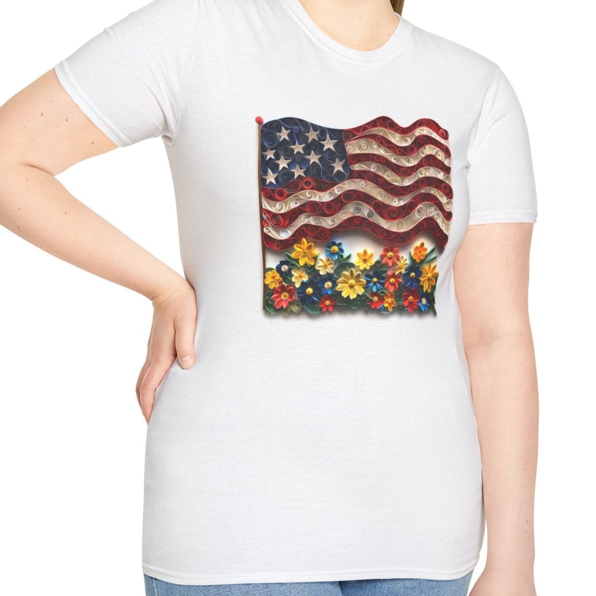 American Flag with Flowers, Paper Quilling Tee-Adult Tees-Wild Pour