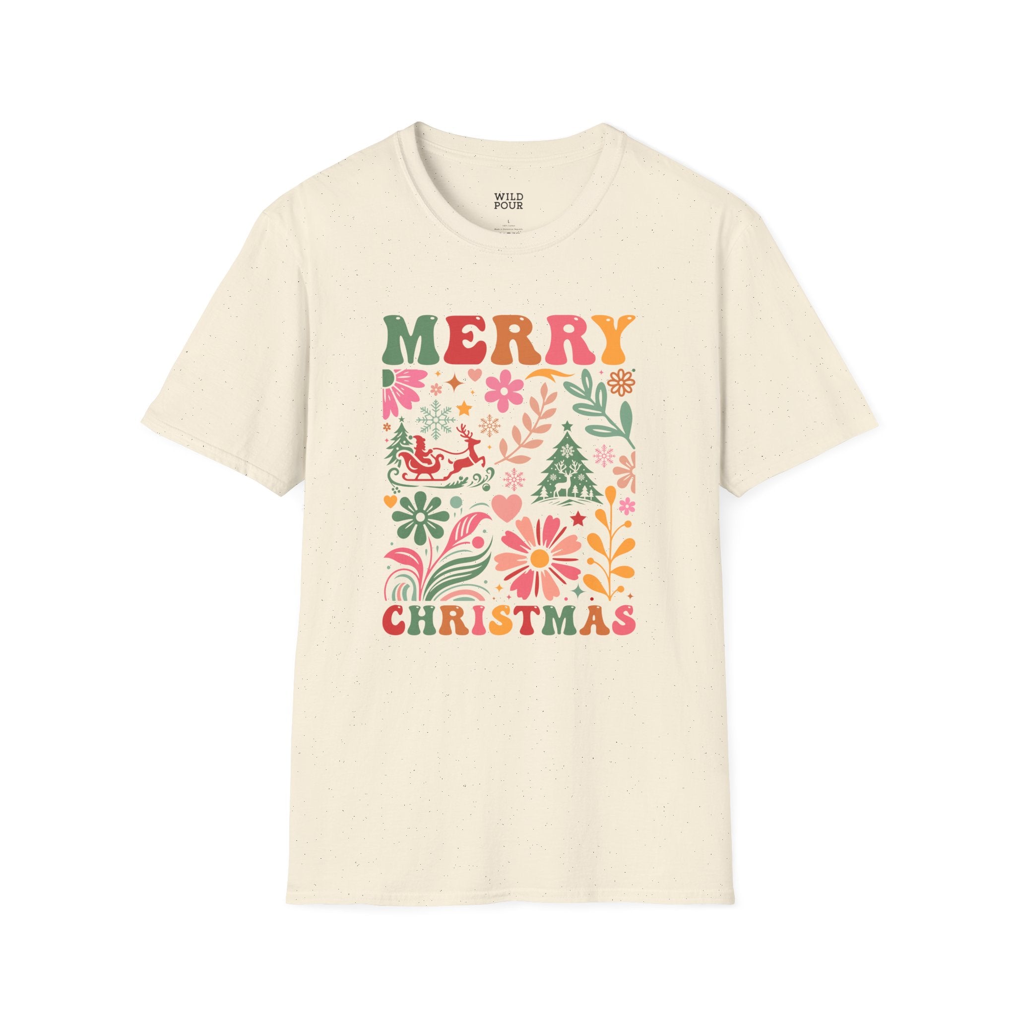 Merry Christmas, Boho Flowers Tee-Adult Tees-Wild Pour