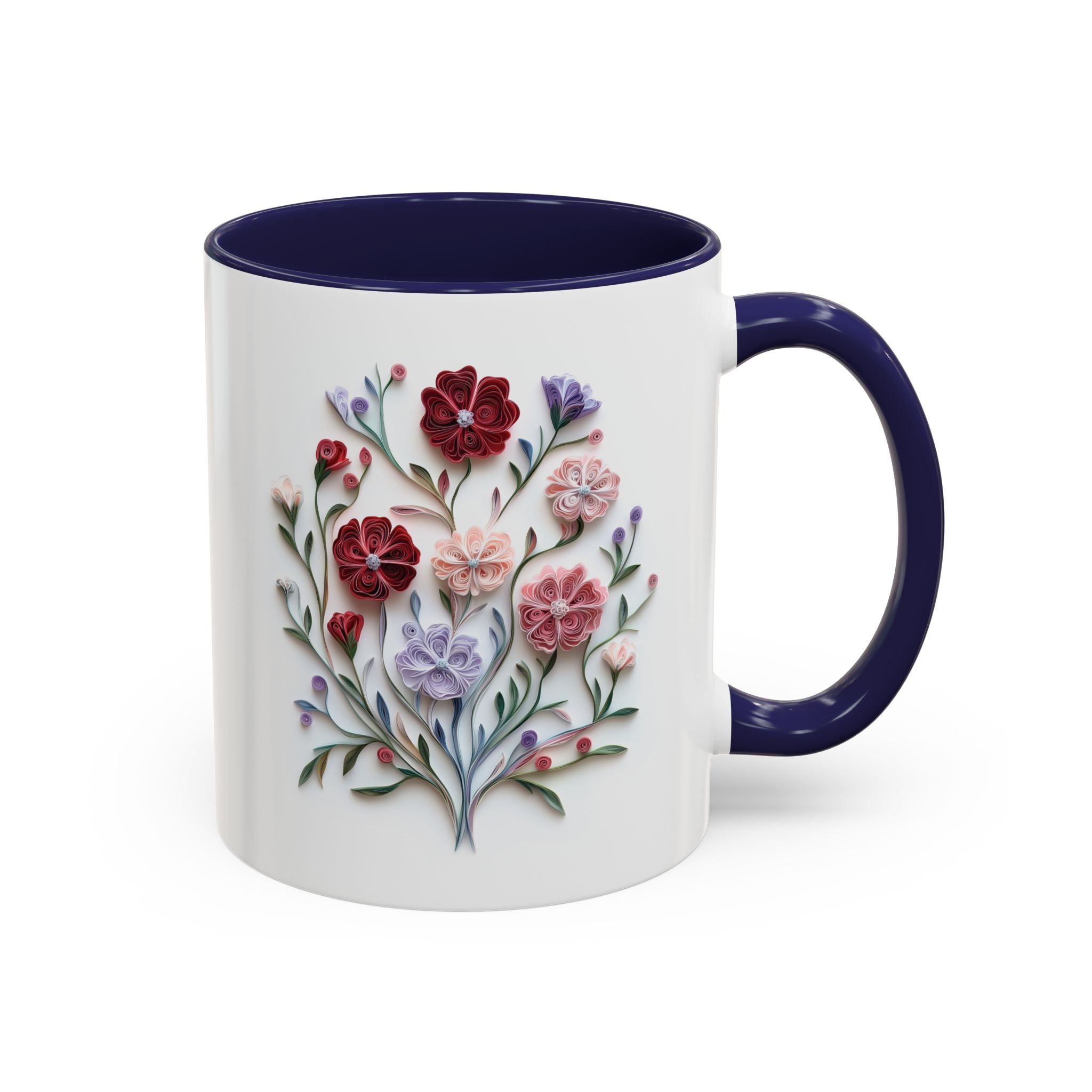 January Carnation, Birth Month Paper Quilling Mug - Available in a variety of vibrant accent colors, and in 15oz and 11oz sizes. Dishwasher and microwave safe.