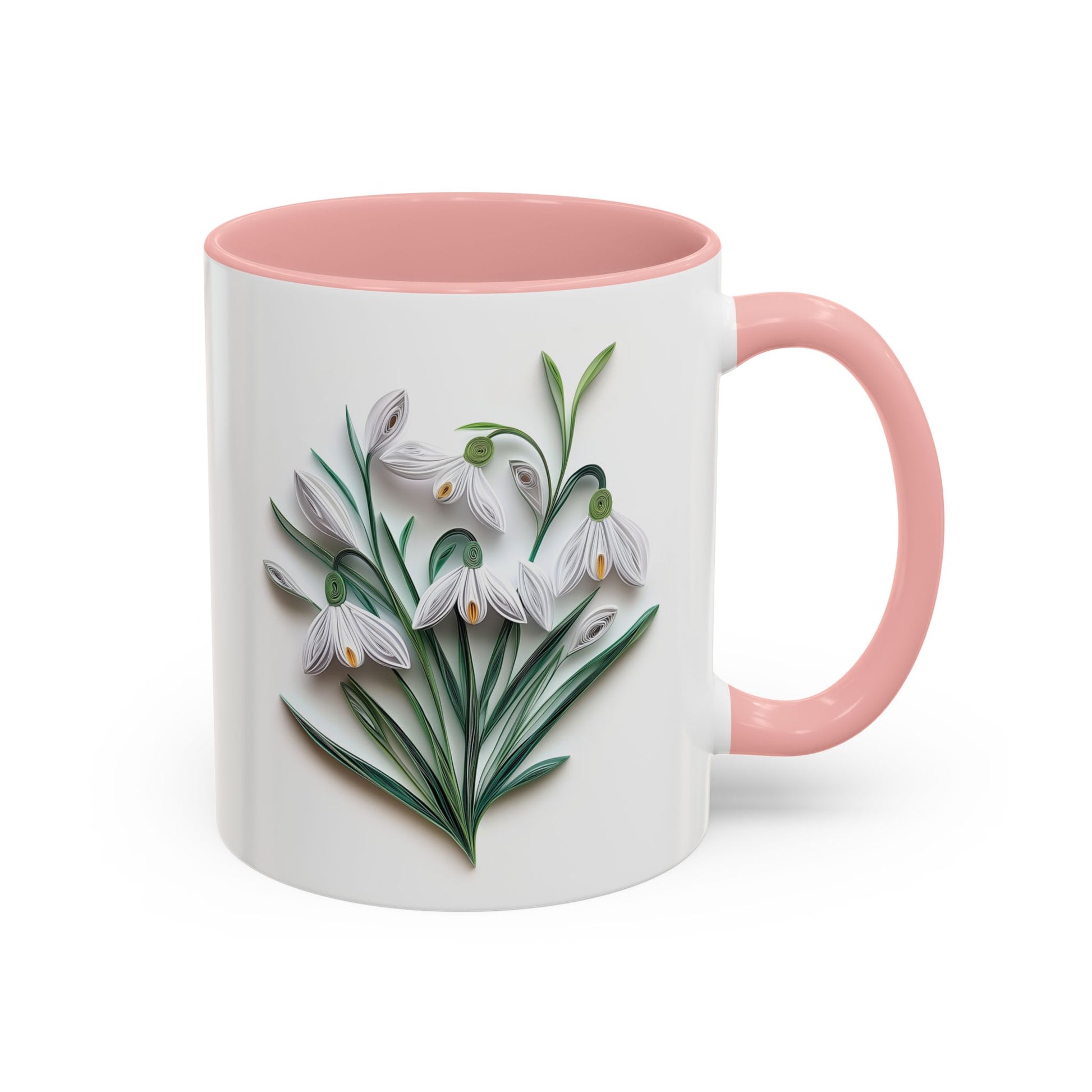 January Snowdrop, Birth Month Paper Quilling Mug - Available in a variety of vibrant accent colors, and in 15oz and 11oz sizes. Dishwasher and microwave safe.